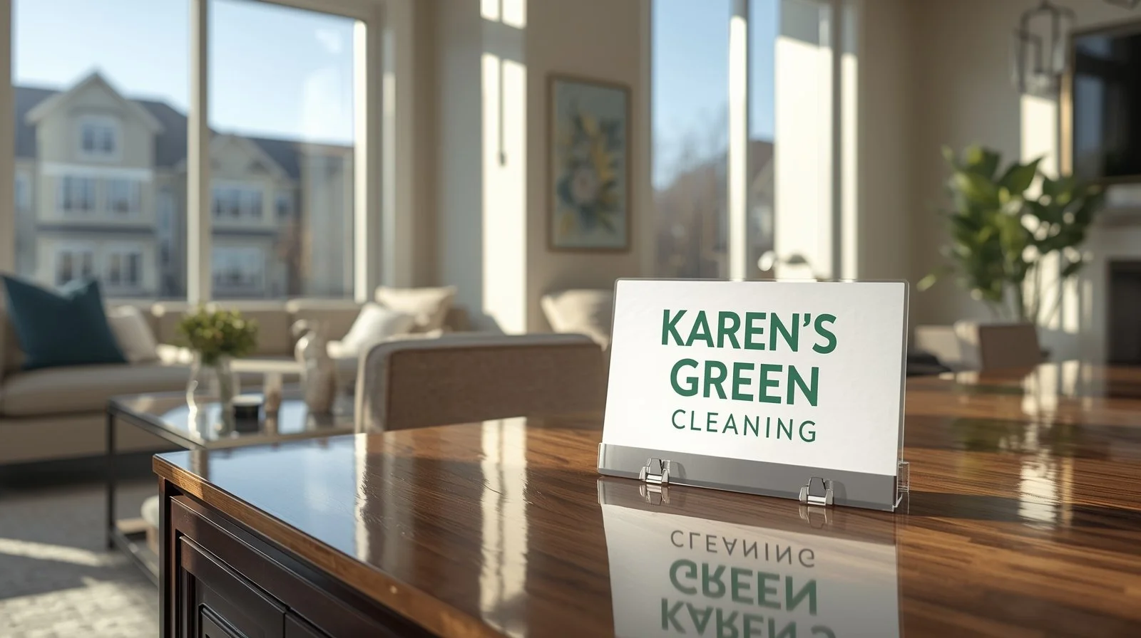 Clean, modern interior in Savage, Minnesota with a Karen’s Green Cleaning sign prominently displayed.