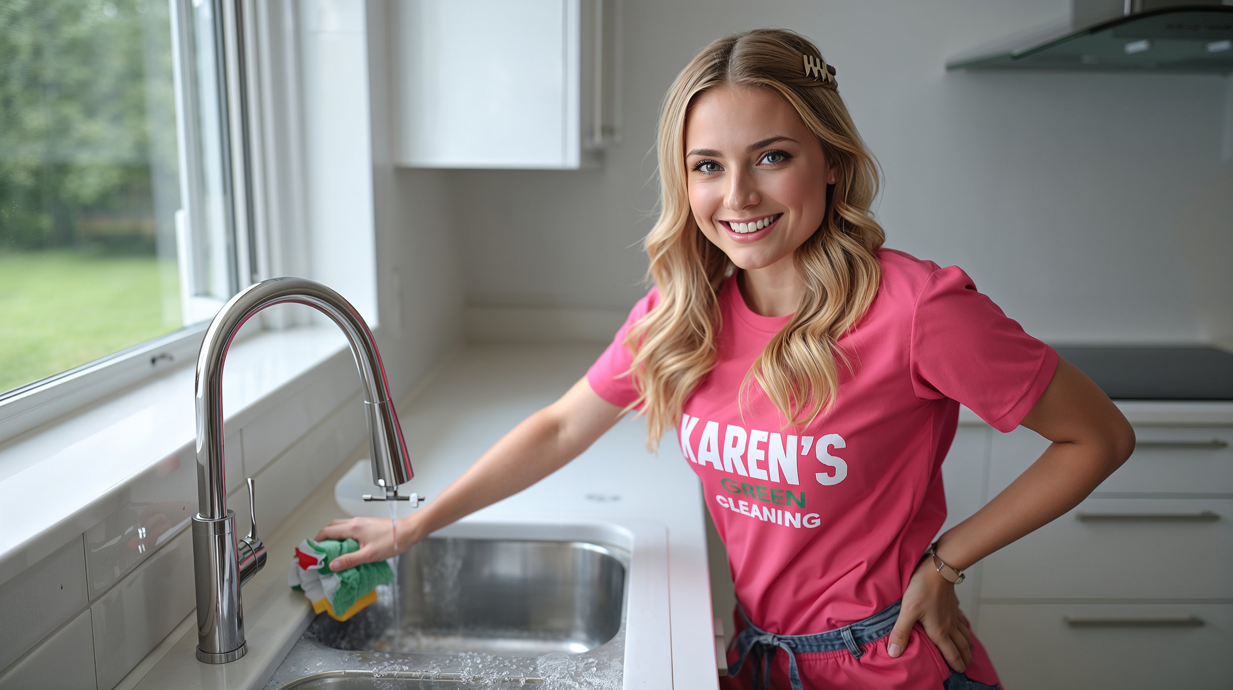Happy cleaner scrubbing shiny sink in Vadnais Heights kitchen Karen’s Green Cleaning service