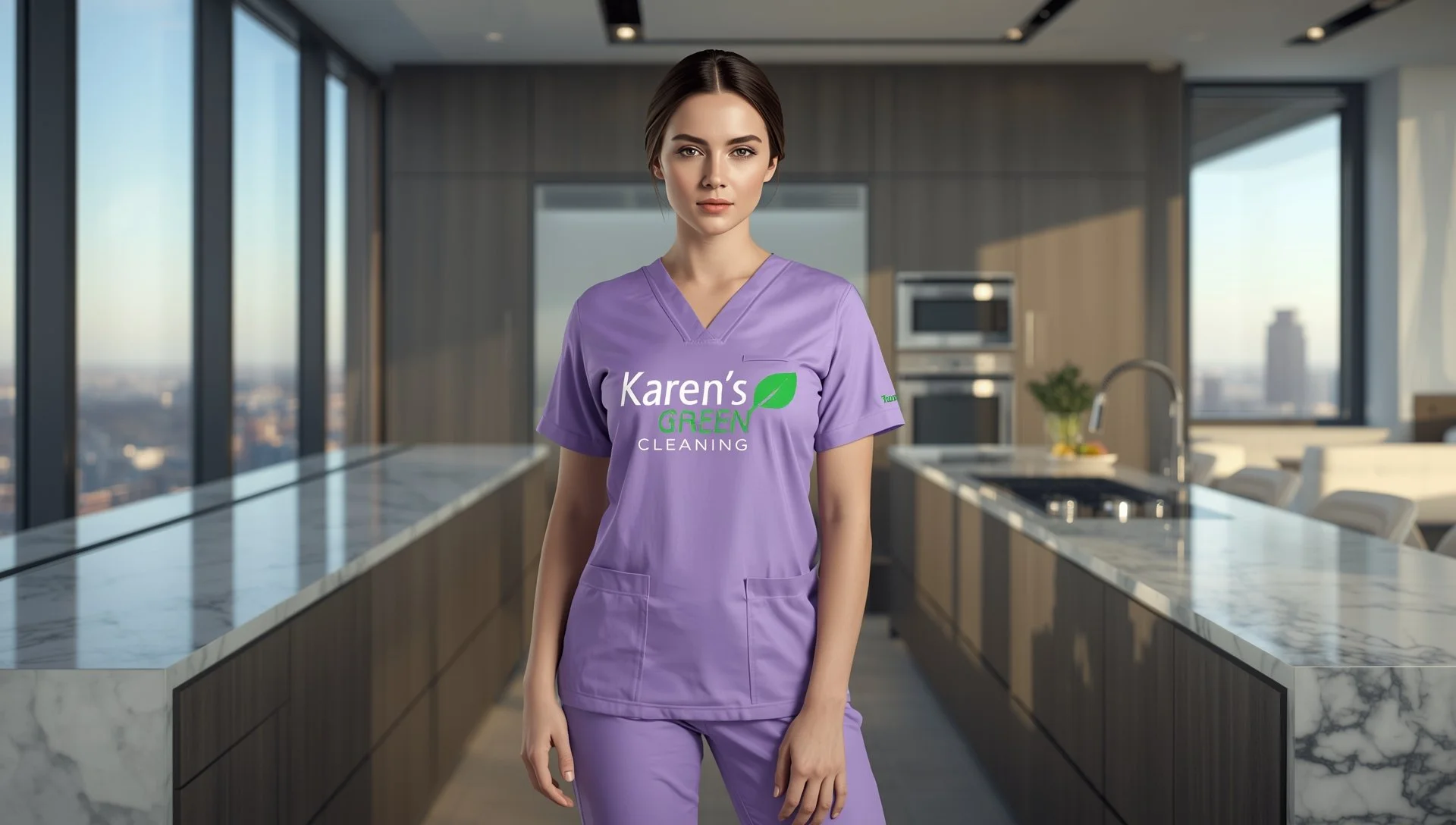 Full-body portrait of young Eastern European cleaning professional in lavender scrubs with Karen’s Green Cleaning logo, standing in a modern kitchen with city view.