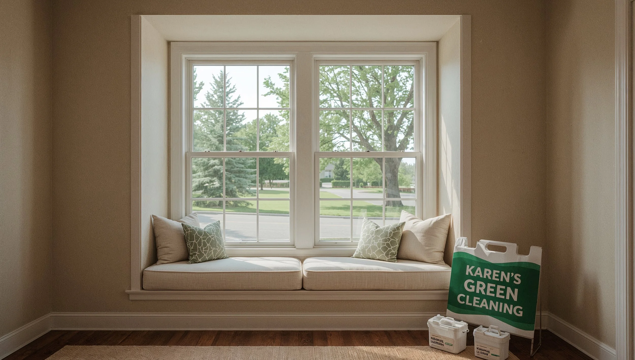 Clean window alcove in a Northwestern St. Paul home with Karen’s Green Cleaning branding.