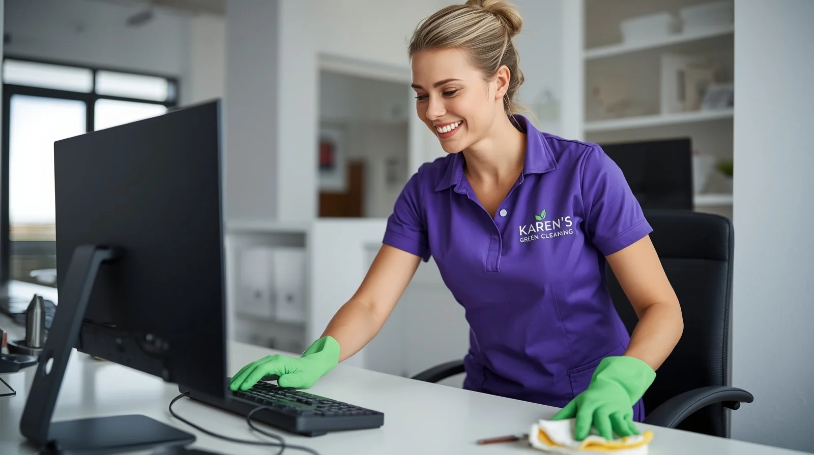 Karen’s Green Cleaning professional cleaning a desk and keyboard in a home office.
