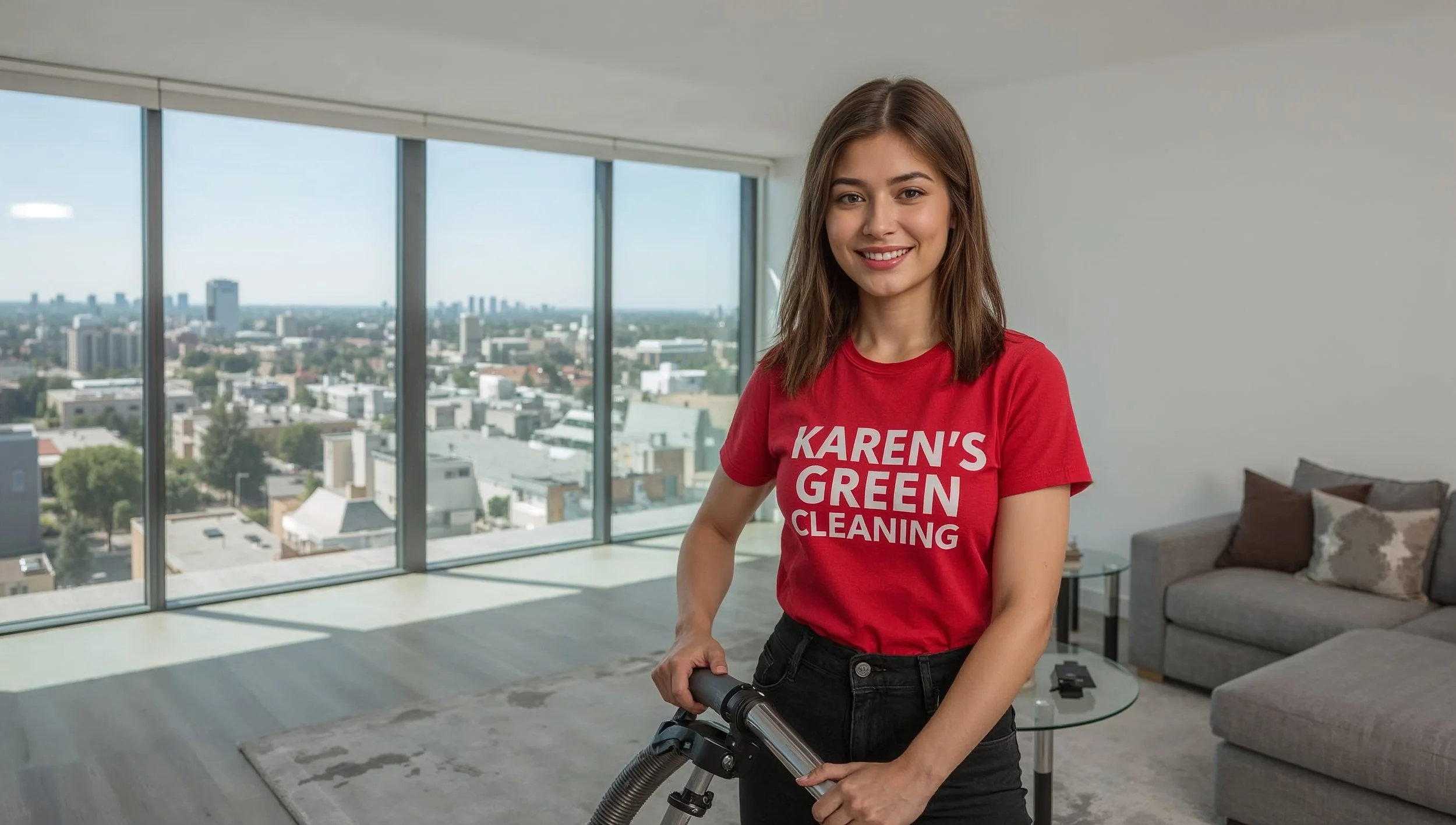 Karen’s Green Cleaning professional vacuuming a West Side Flats St. Paul home