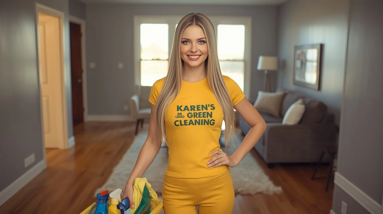 Professional female cleaner smiling confidently while holding cleaning tools in an East Midway St. Paul home.