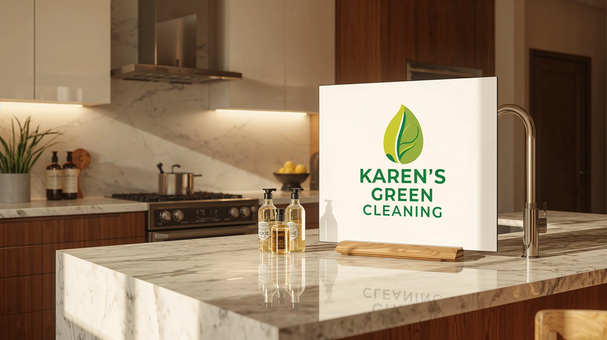 Spotless modern kitchen in West Seventh St. Paul showcasing Karen’s Green Cleaning sign and natural cleaning products