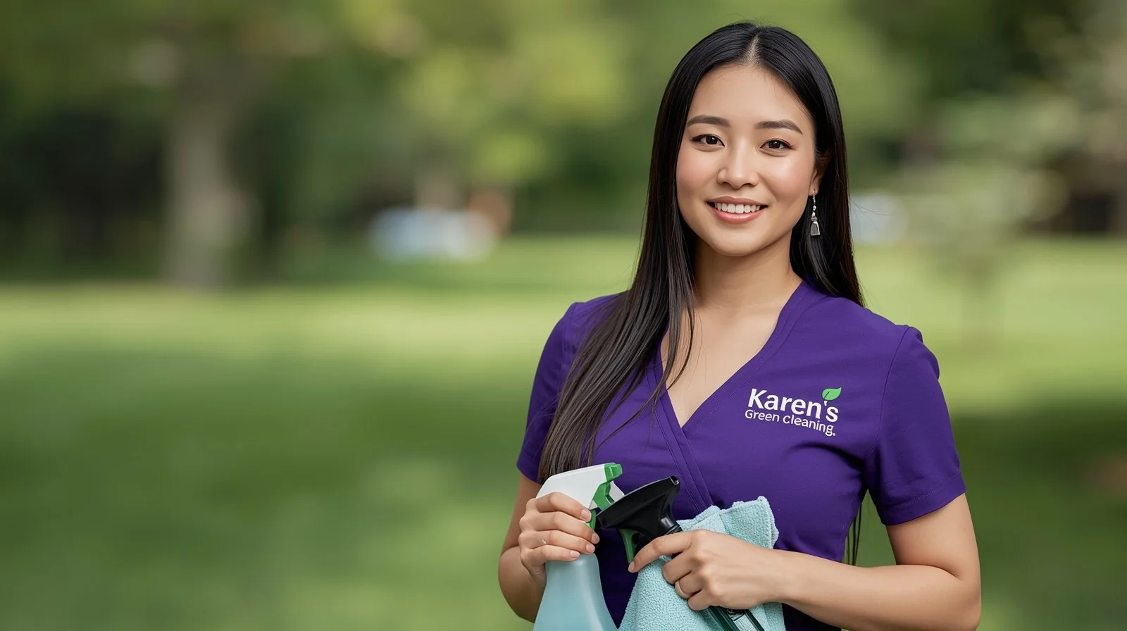 Young Asian cleaner with sleek black hair in Karen’s Green Cleaning uniform at Taft Park in Richfield.