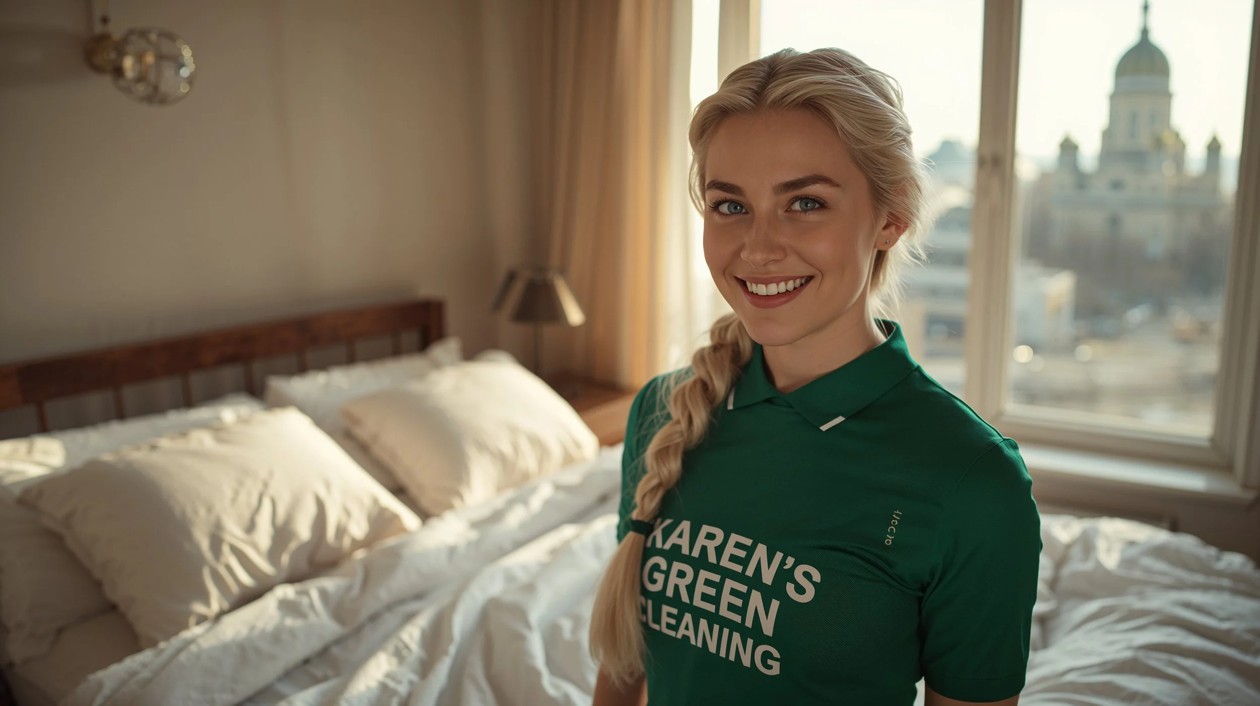 Joyful Finnish cleaner in Karen’s Green Cleaning uniform finishing a perfectly made bed in sunny East Side St. Paul bedroom