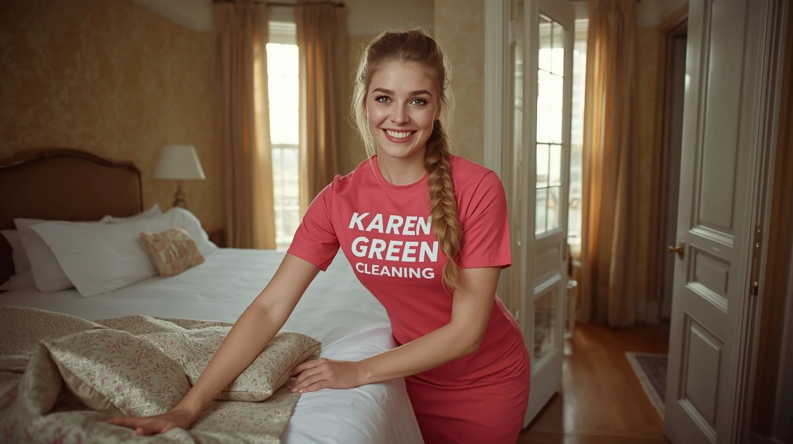 Smiling Icelandic cleaner in pink Karen’s Green Cleaning uniform finishing a luxurious bedroom in Lowry Hill East