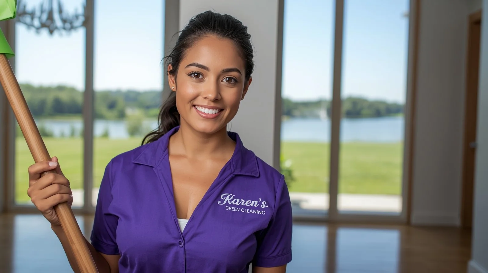Professional cleaner from Karen’s Green Cleaning mopping floors in a Little Canada lakeside home.