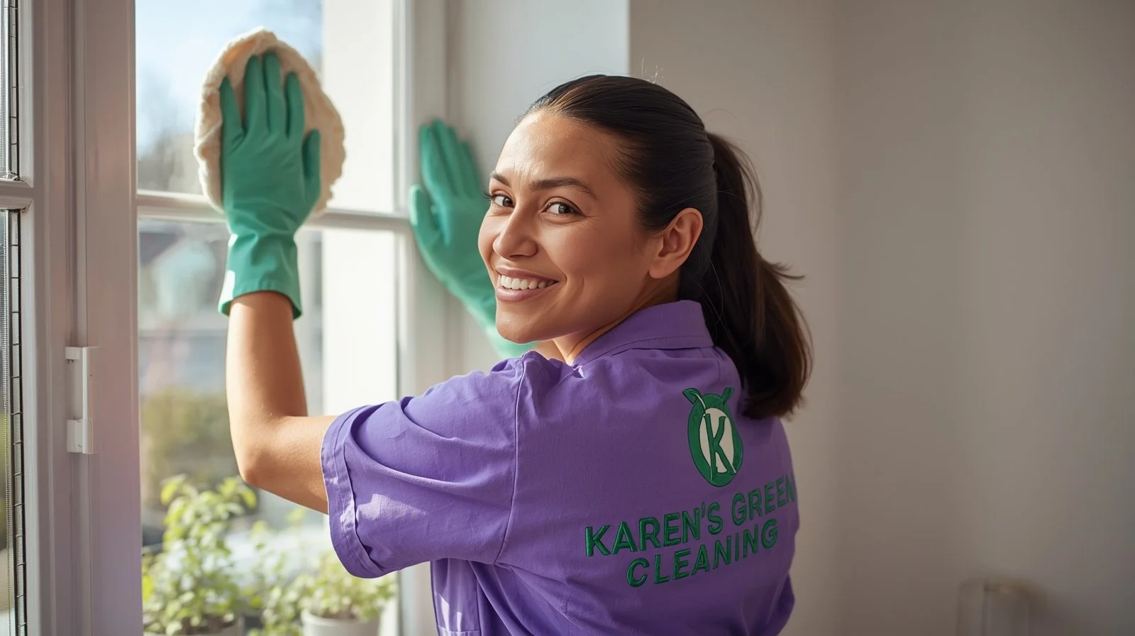 Karen’s Green Cleaning professional cleaning a bedroom window frame.