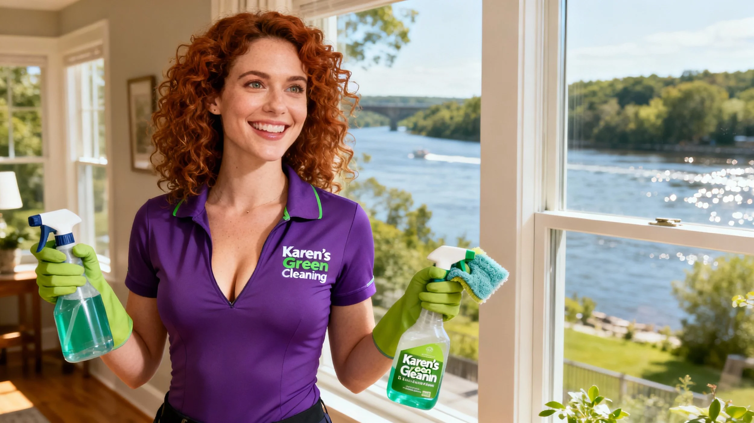 professional auburn-haired cleaner in purple Karen’s Green Cleaning uniform in Oak Park Heights home