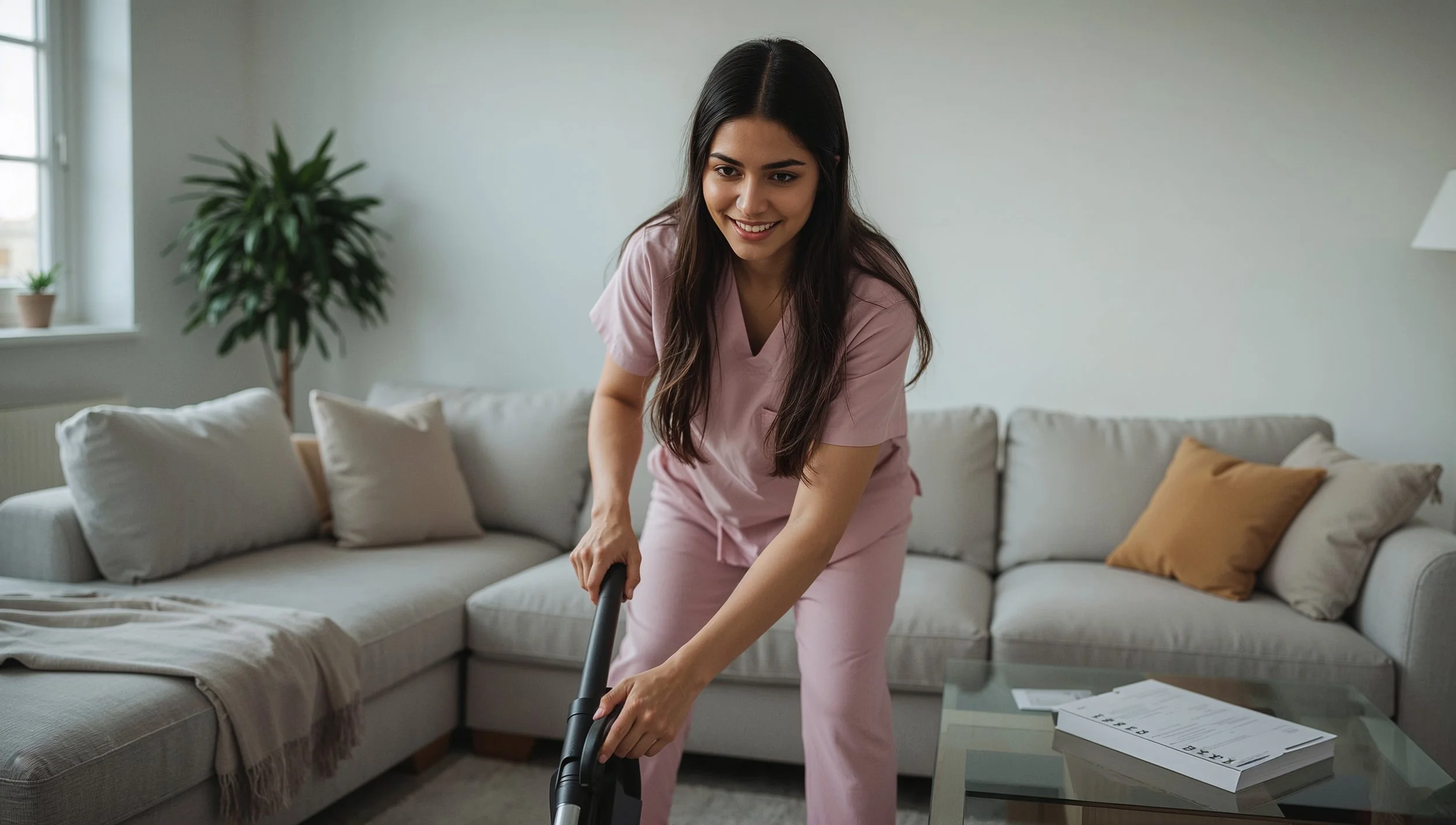 Guatemalan cleaner vacuuming under furniture as part of a home cleaning checklist.
