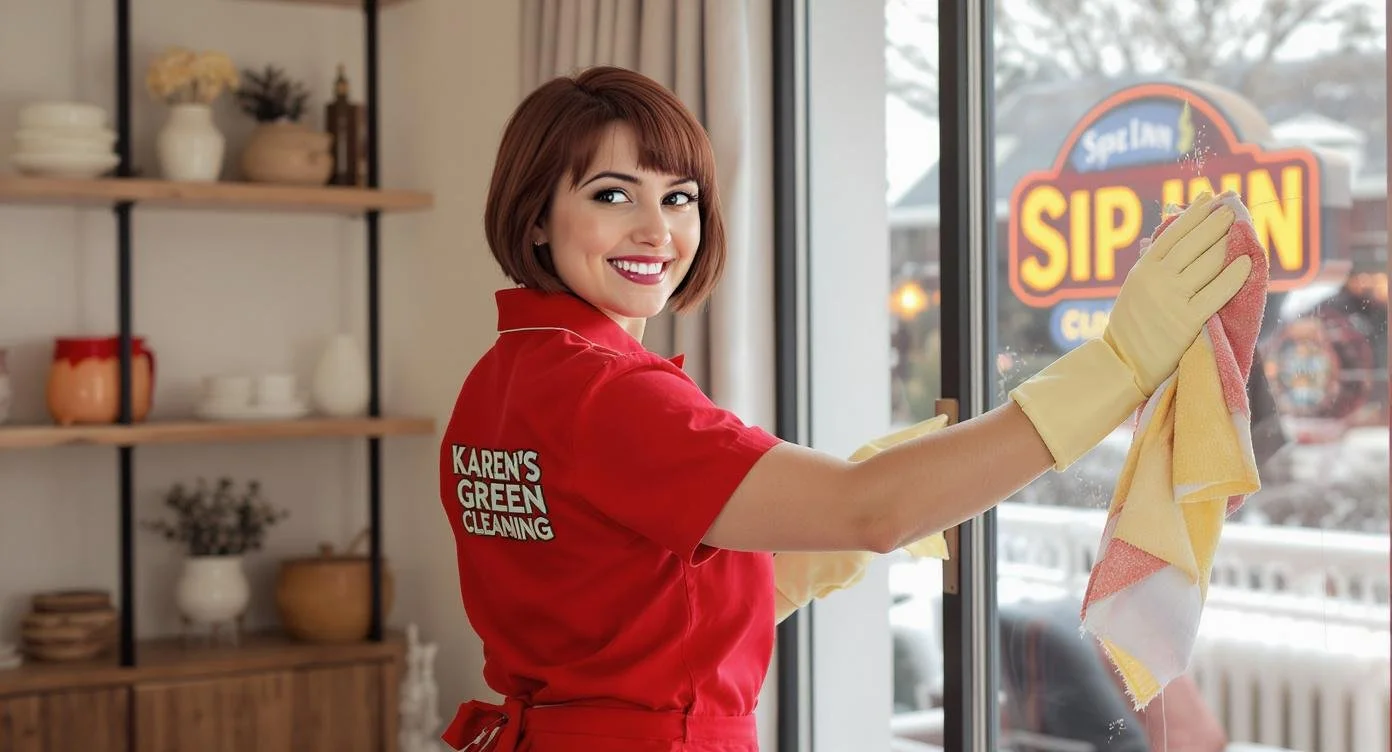 Karen’s Green Cleaning worker dusting in a home near the iconic Spring Lake Park Sip Inn sign
