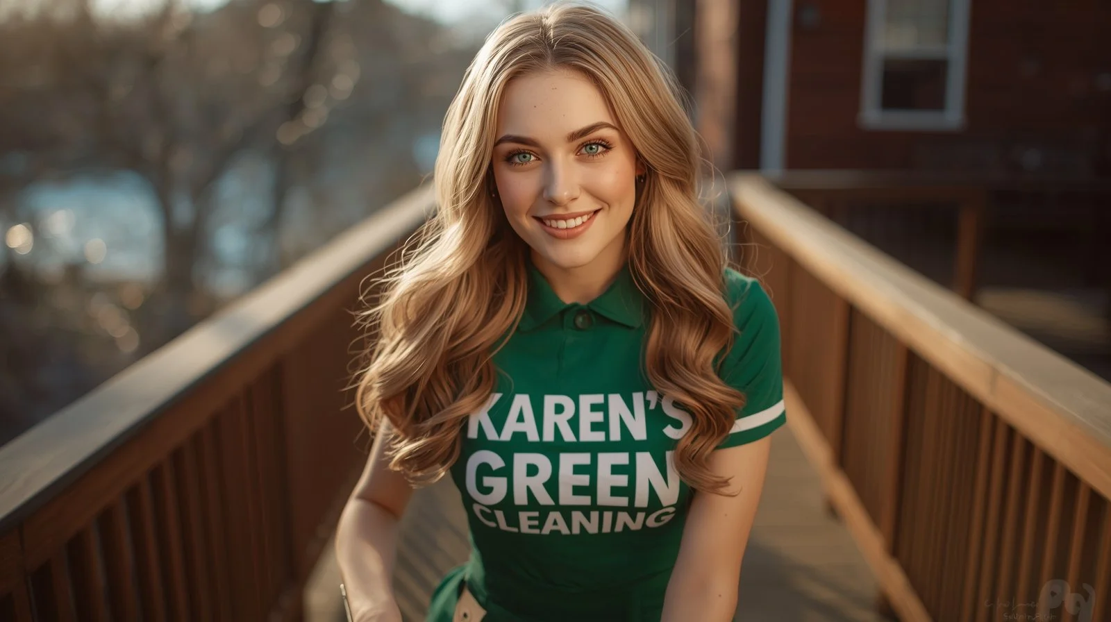Happy white Canadian cleaner from Karen’s Green Cleaning sweeping a backyard deck beside Minnehaha Creek