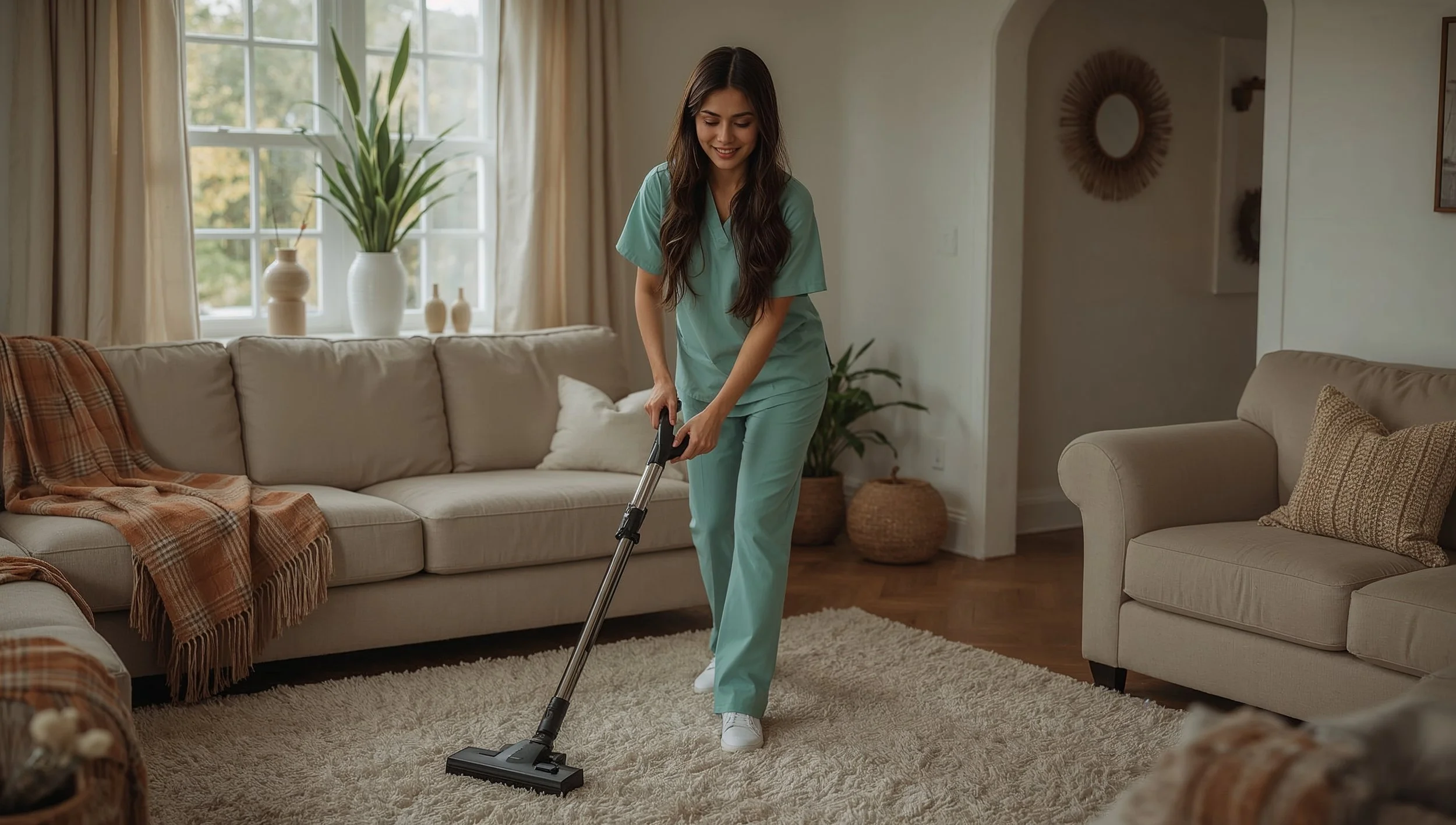 Peruvian woman vacuuming a rug as part of a fall cleaning checklist.