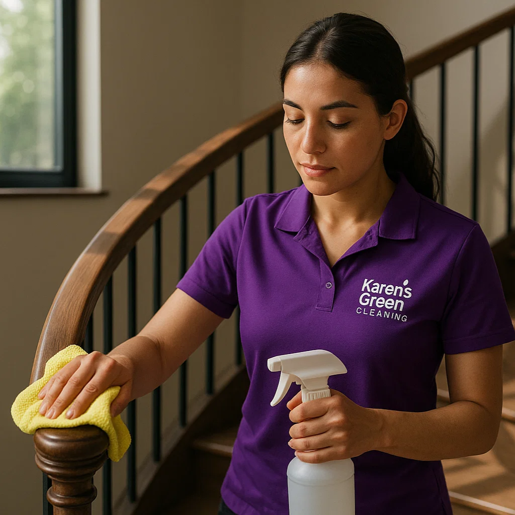 "Cleaner in purple uniform detailing a spiral staircase in a modern Weber, Minnesota home."