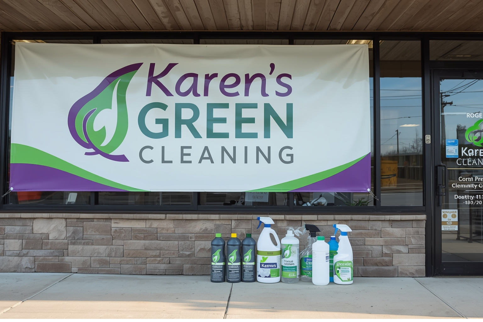 Karen’s Green Cleaning storefront sign in Rogers, Minnesota with eco-friendly cleaning elements.