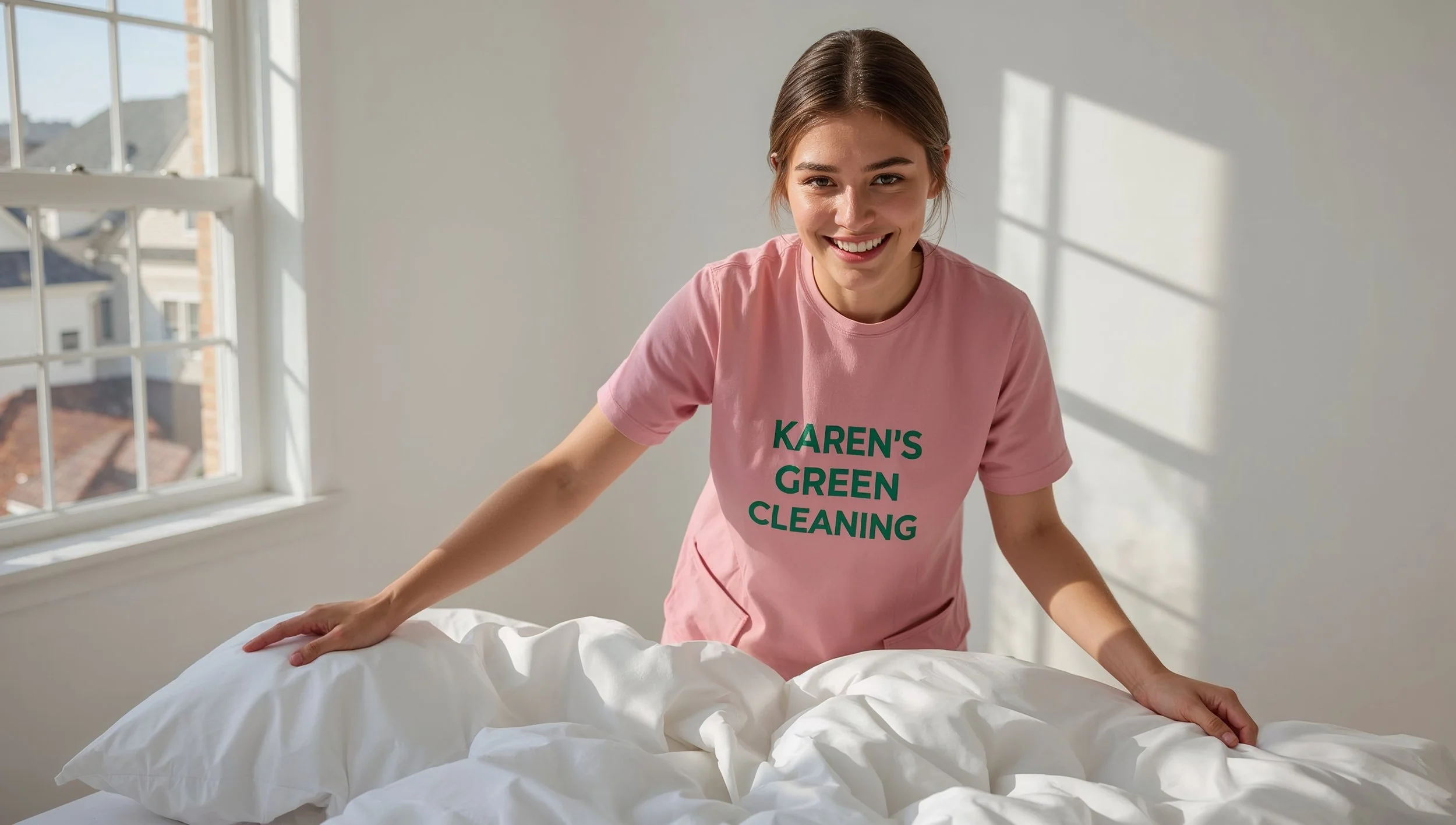 Karen’s Green Cleaning professional refreshing a clean bedroom inside a Riverview St. Paul home.