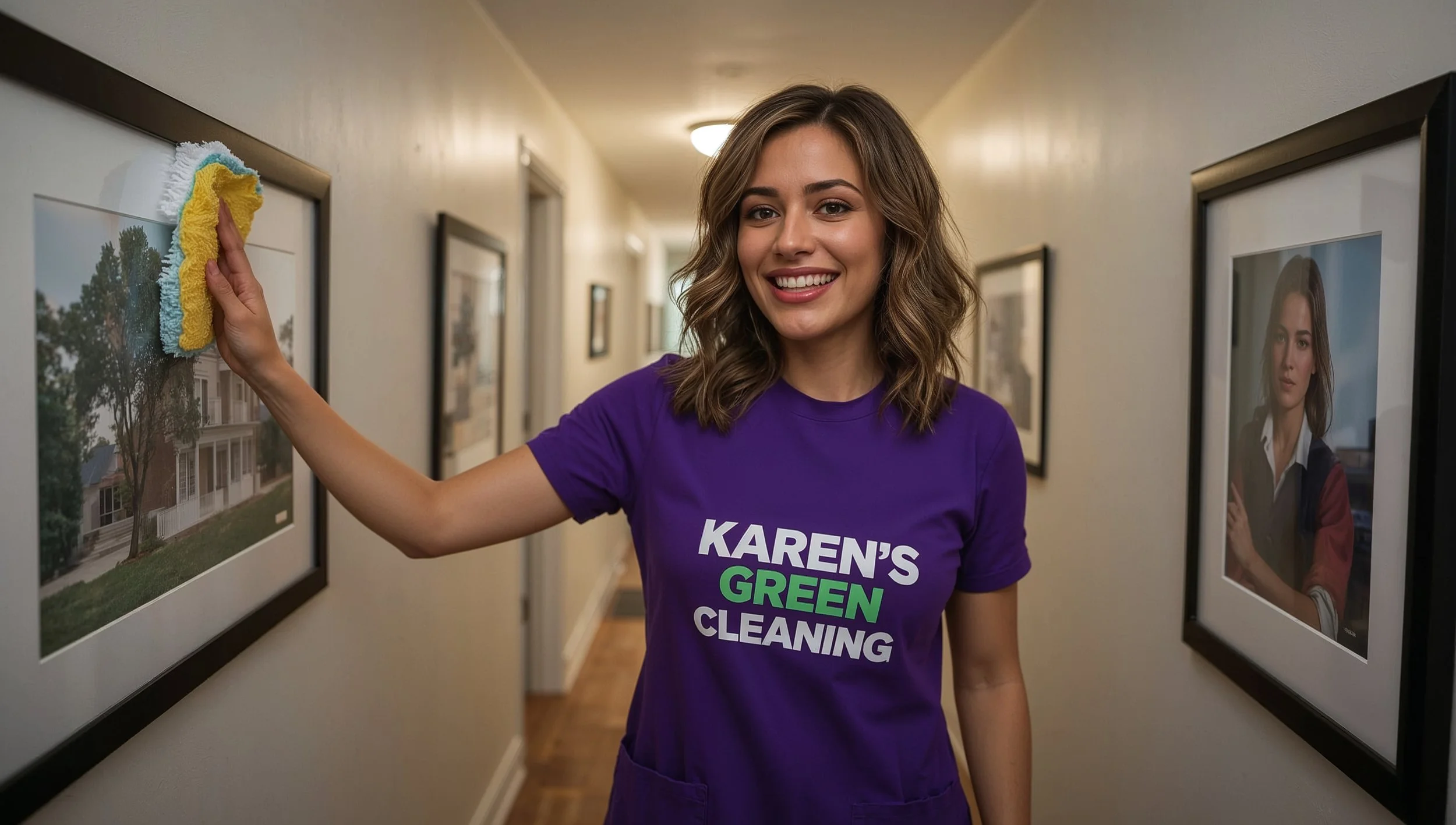 Venezuelan cleaner wiping hallway frames in a North of Maryland St. Paul residence.