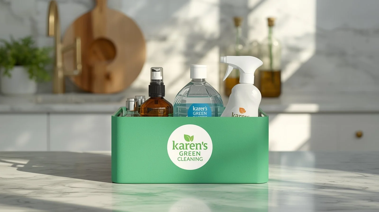 Karen’s Green Cleaning supply caddy on a countertop in a Marshall Terrace home.