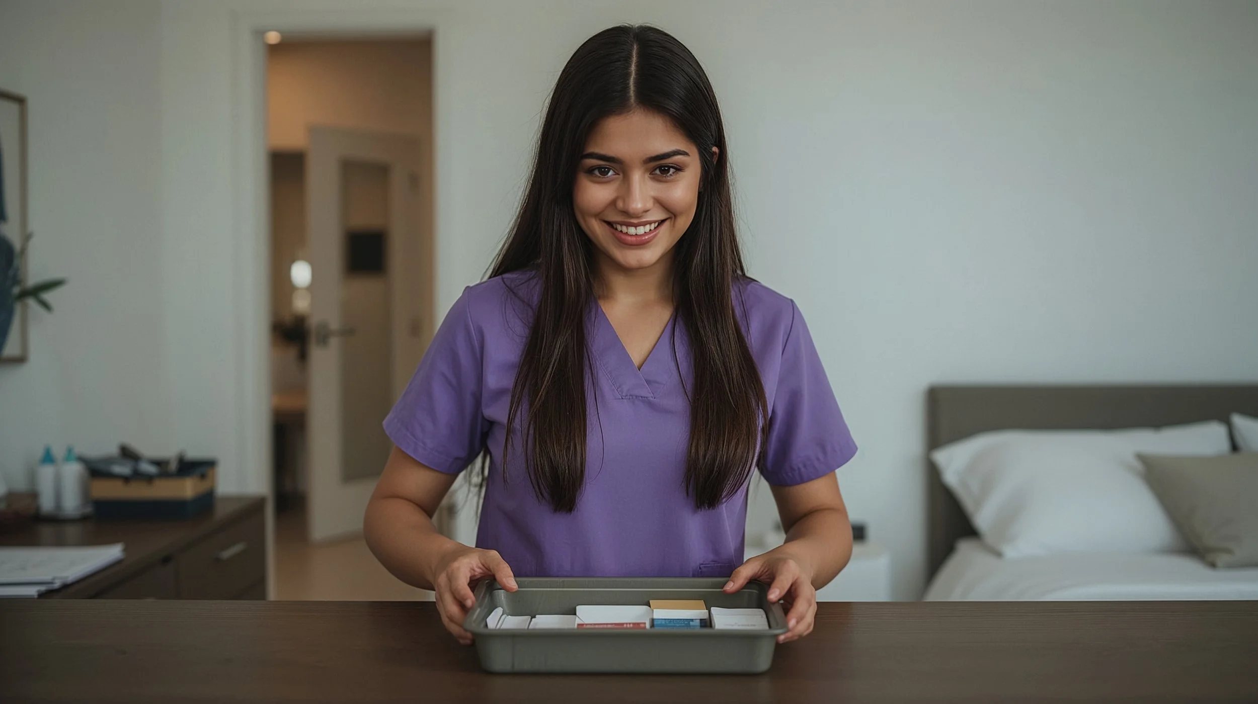 Cleaner decluttering a bedroom dresser as part of a bedroom cleaning checklist.