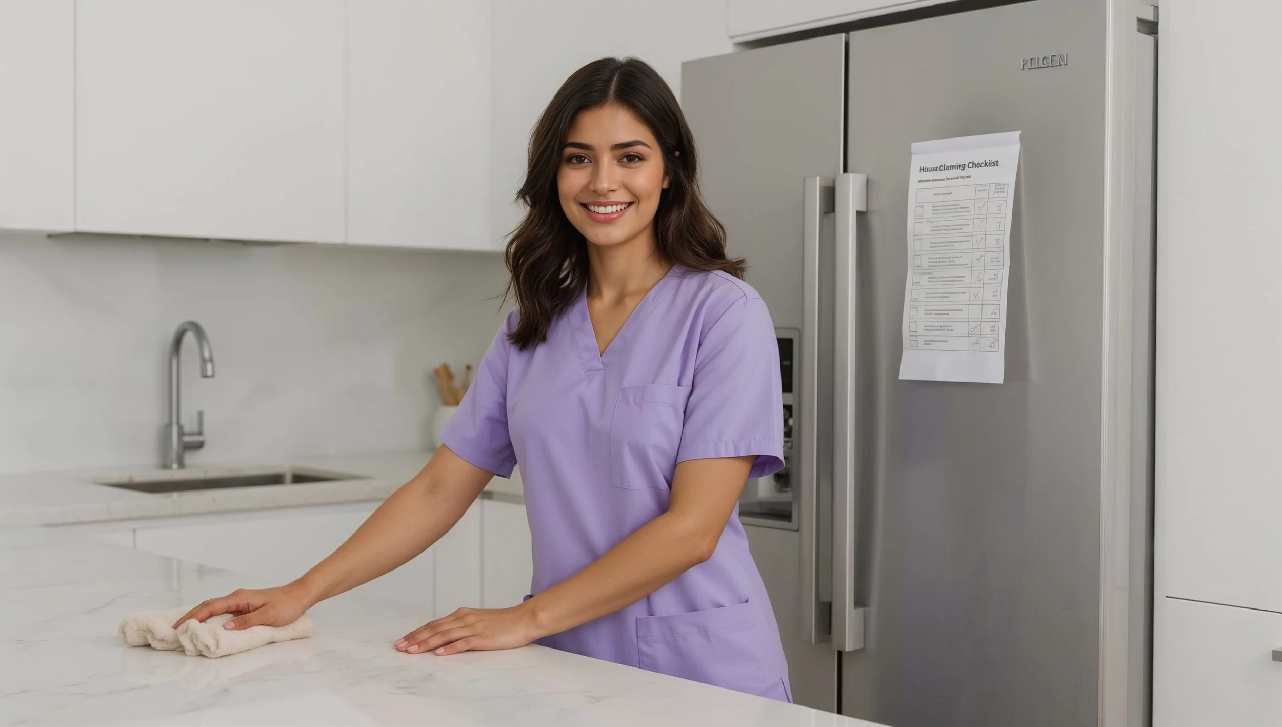 Cleaner wiping kitchen counters with a printable house cleaning checklist on the refrigerator.