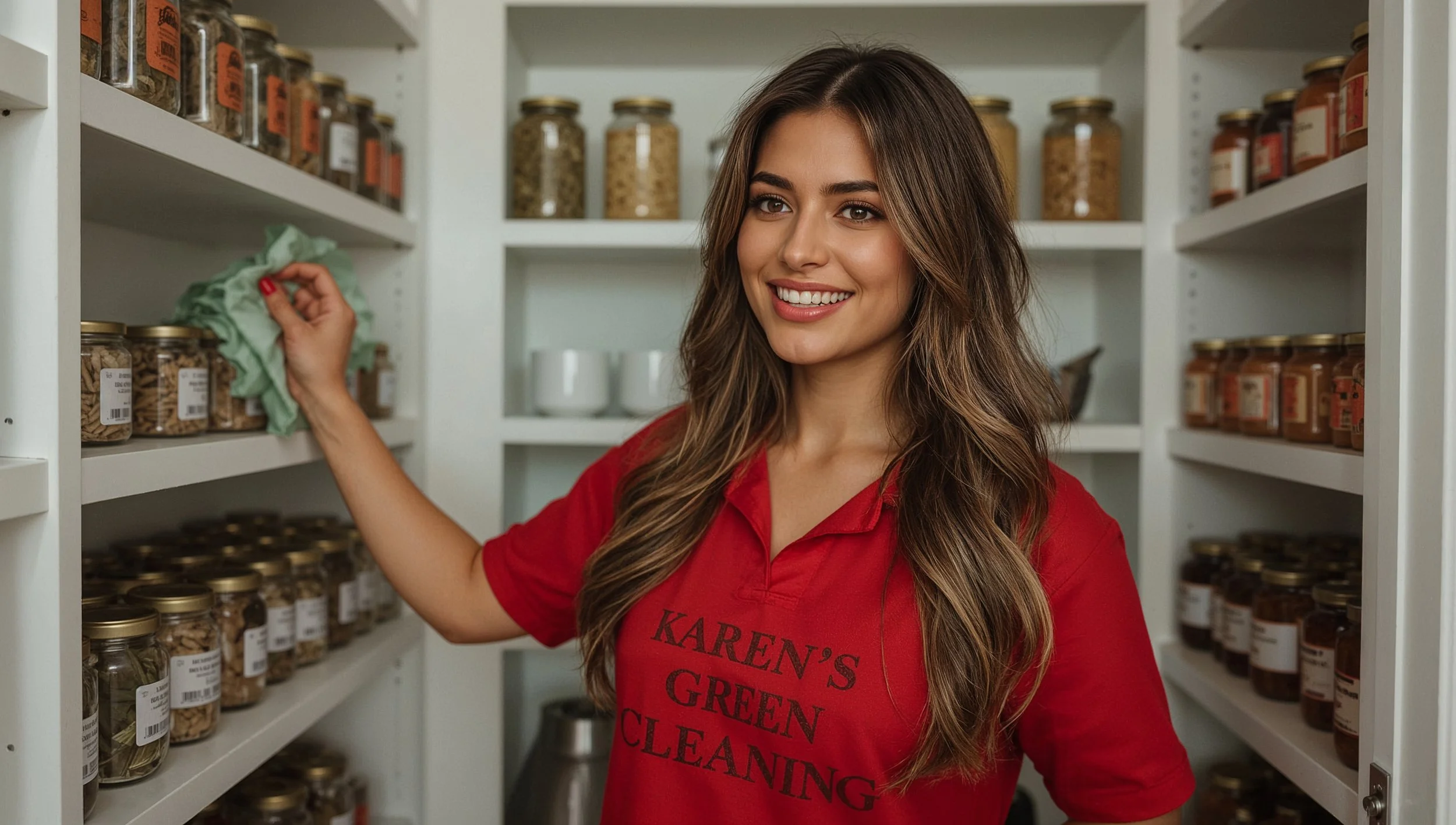 Brazilian cleaner deep cleaning a pantry in a North End St. Paul home.
