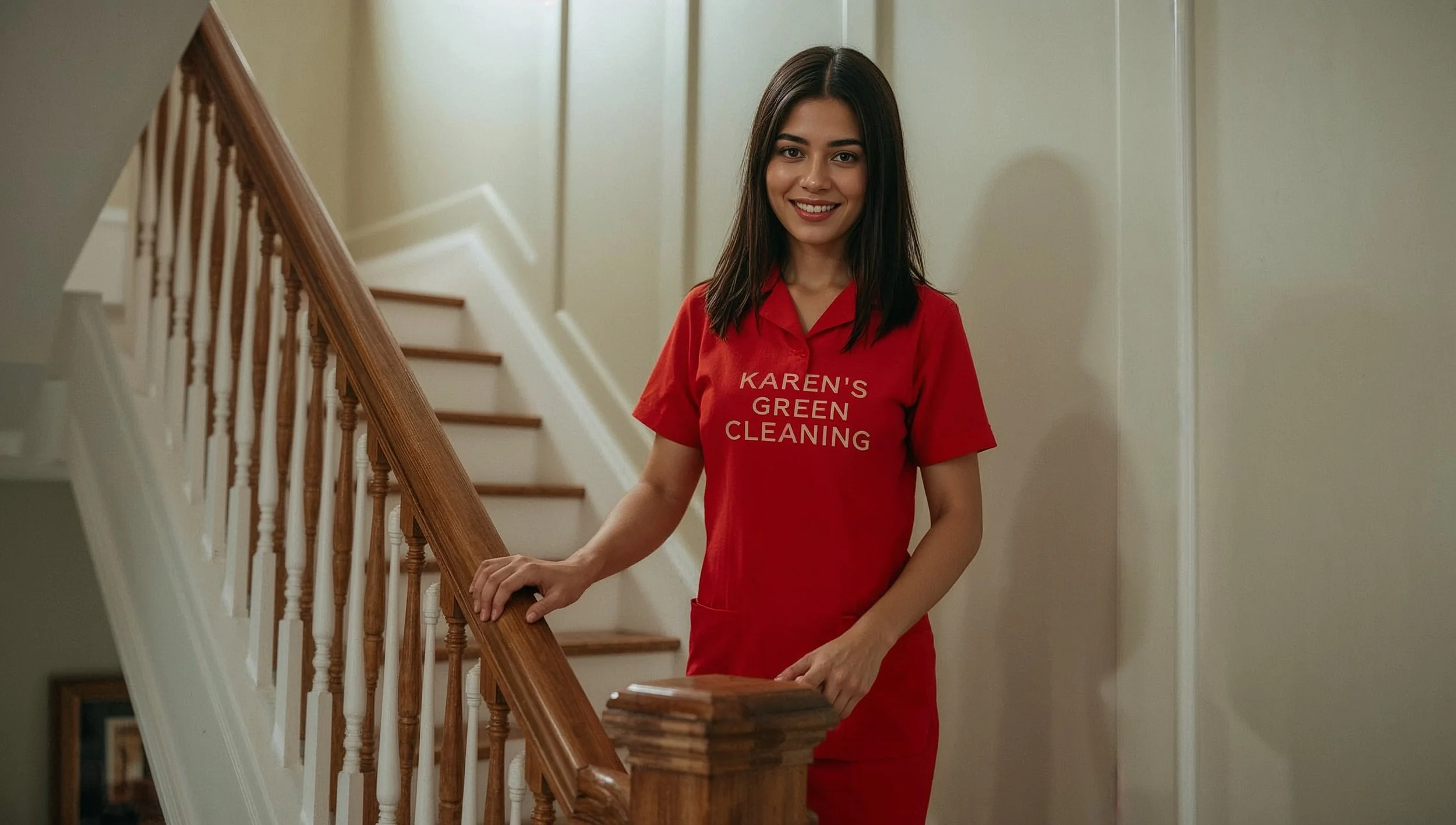 Colombian cleaner polishing a staircase inside a North End St. Paul home.