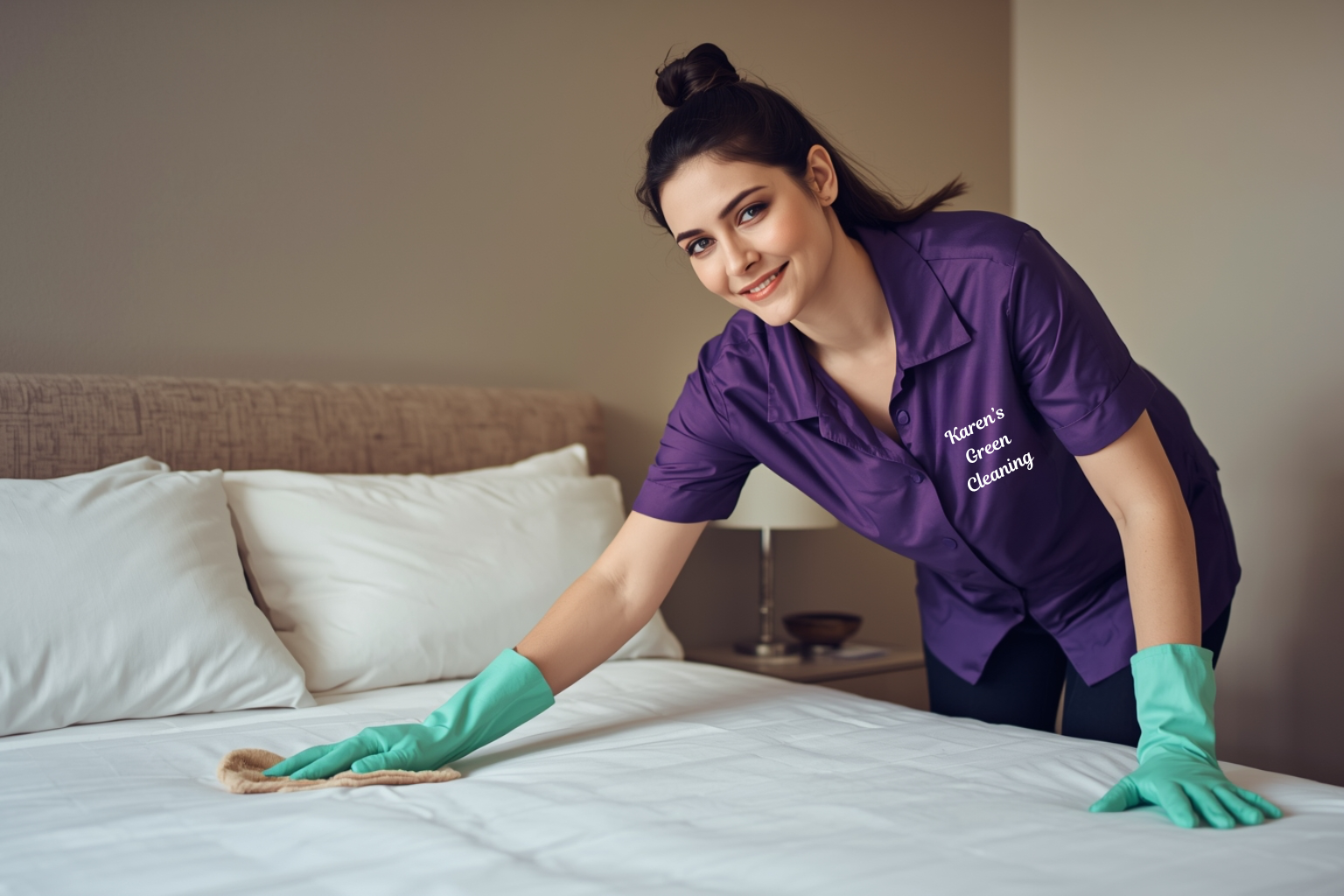 Karen’s Green Cleaning professional dusting a nightstand in a clean bedroom.