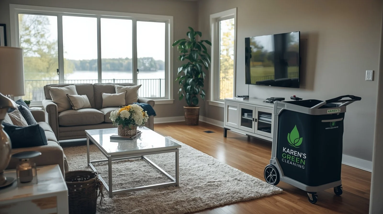 Bright, freshly cleaned living room in a Delano Minnesota home overlooking the South Fork Crow River, showcasing Karen’s Green Cleaning eco-friendly service