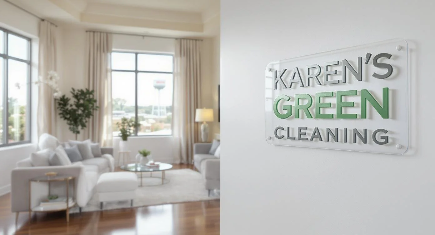 Pristine living room with a Karen’s Green Cleaning sign and South St. Paul water tower visible.