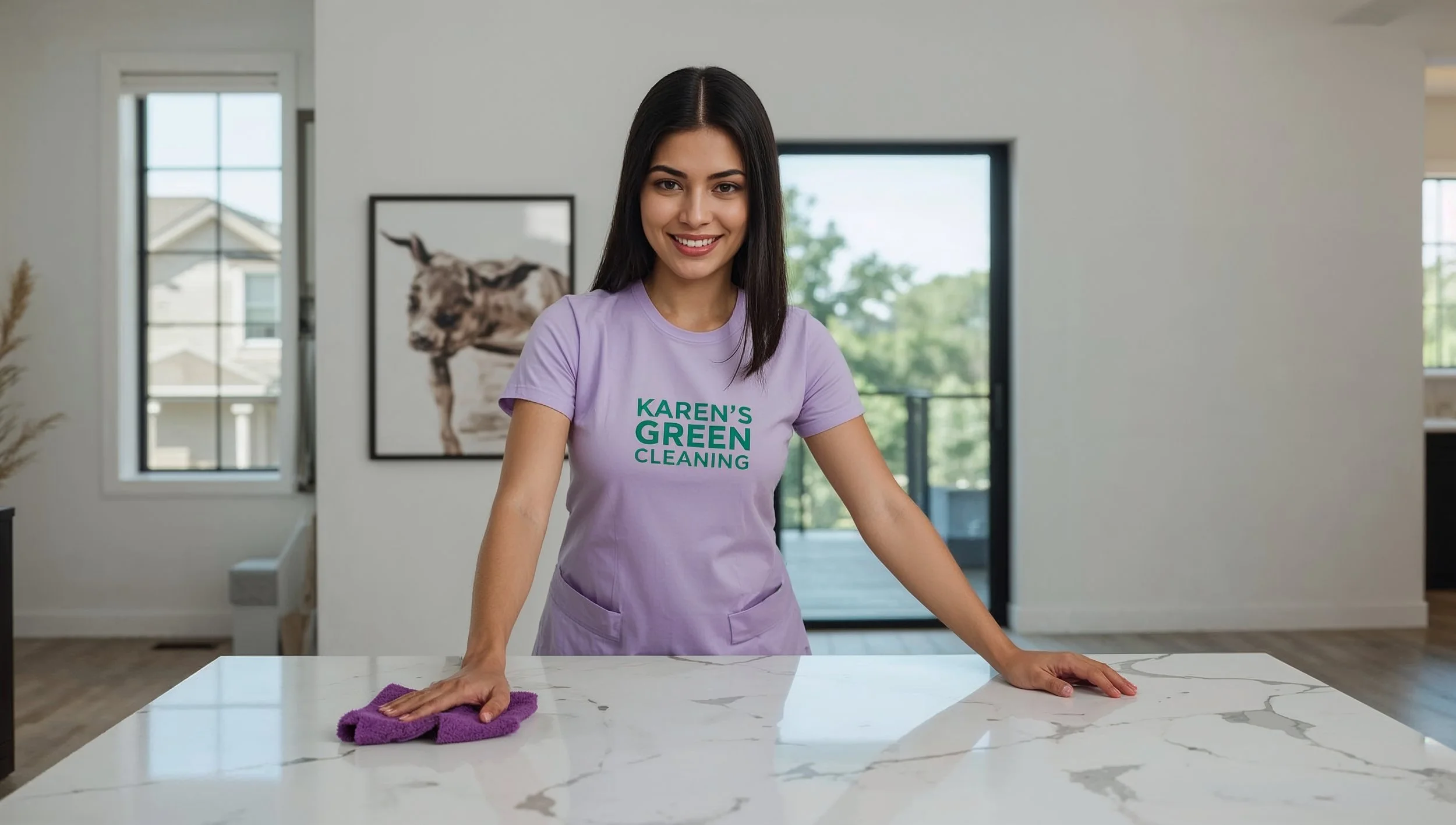 Venezuelan cleaner wiping table in modern Jordan Minneapolis home interior.