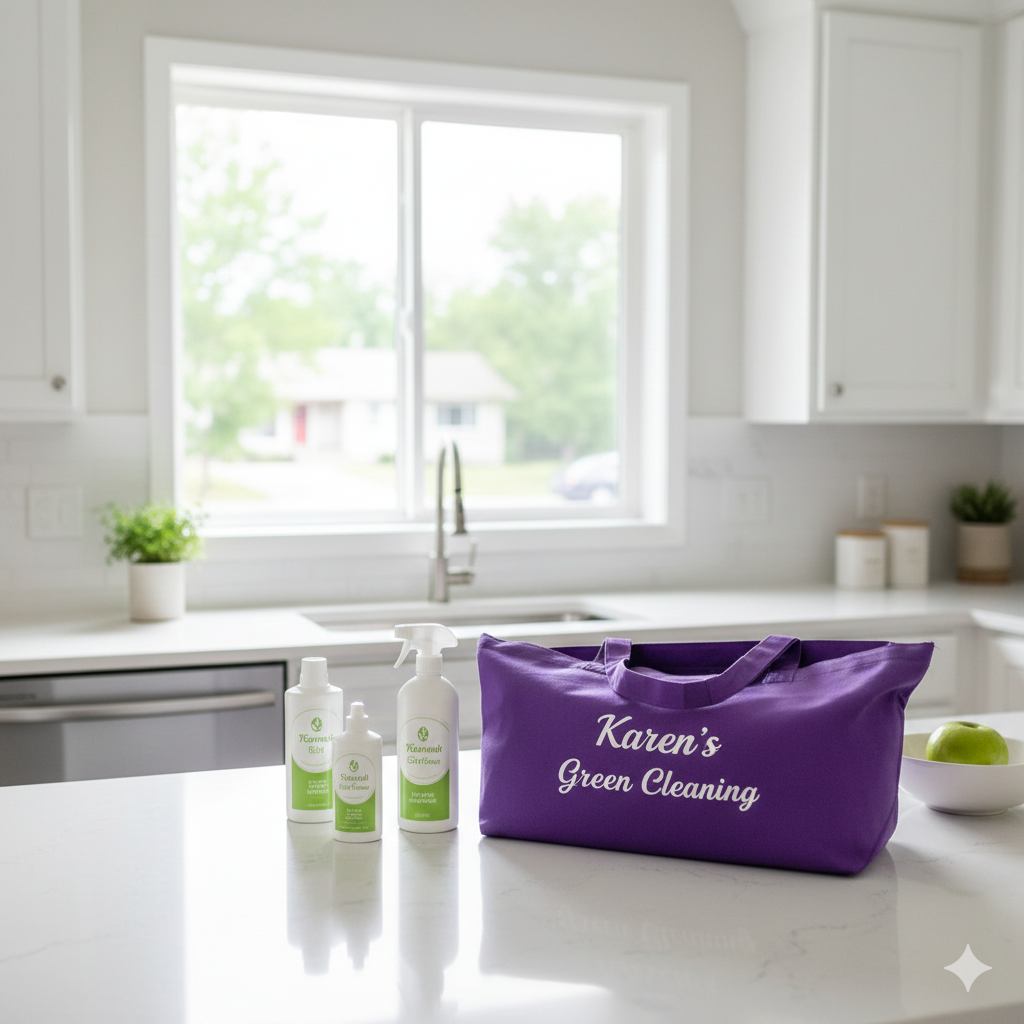 Clean Robbinsdale MN kitchen with eco-friendly supplies and visible Karen’s Green Cleaning tote