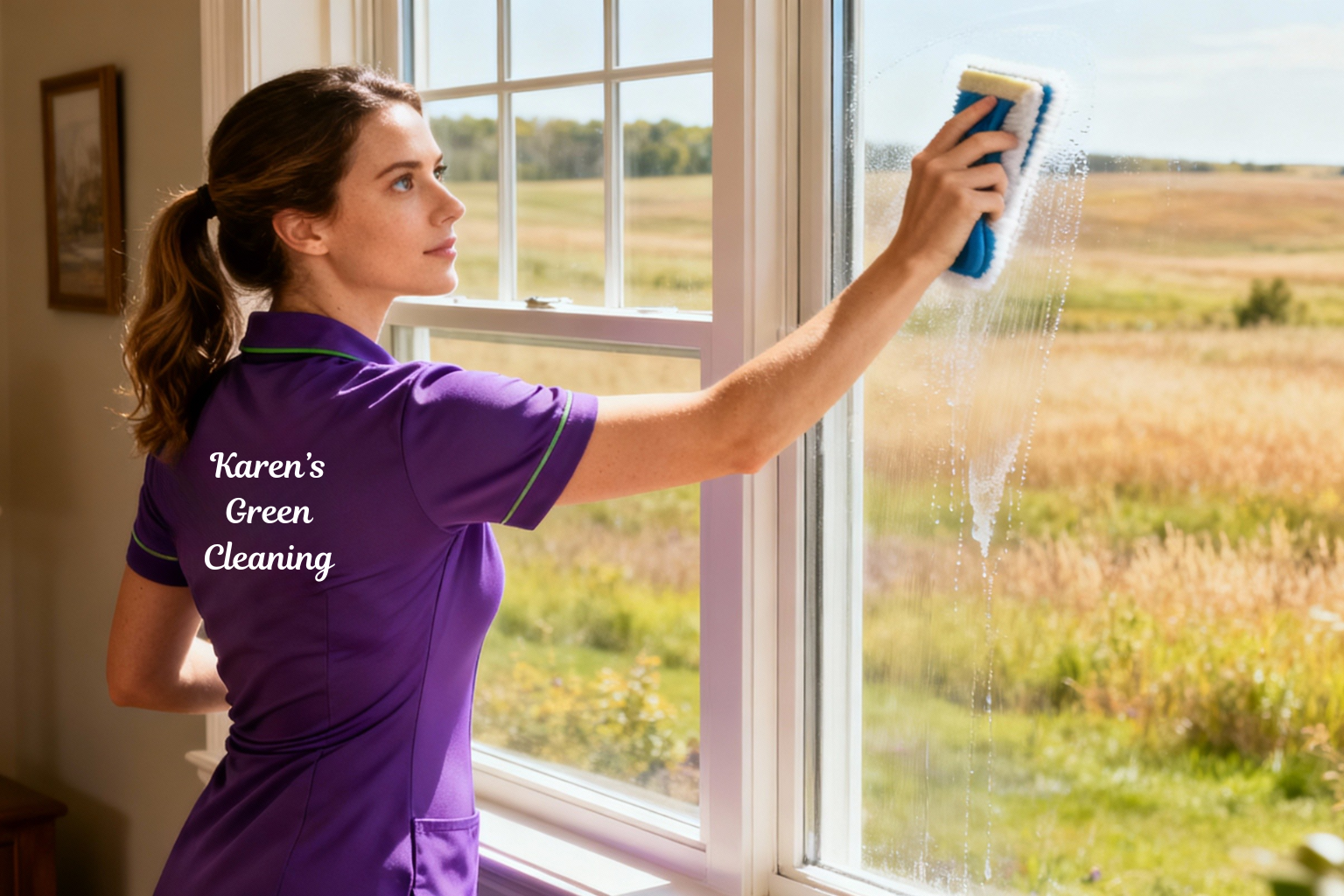 Female cleaner in purple uniform washing windows in a prairie-view Northfield home.