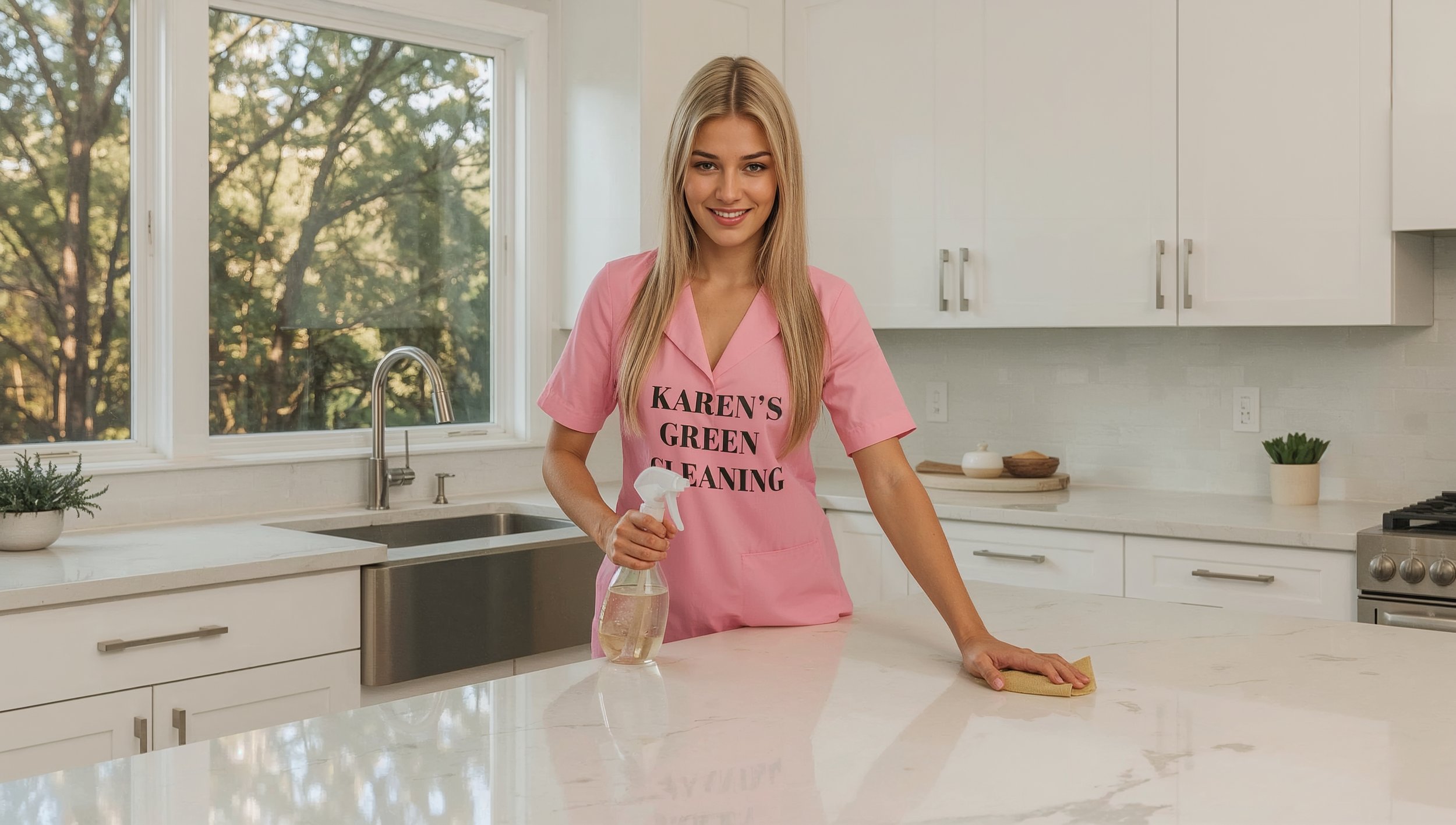 Ukrainian cleaner from Karen’s Green Cleaning wiping a spotless Riverview St. Paul kitchen with eco-friendly products.