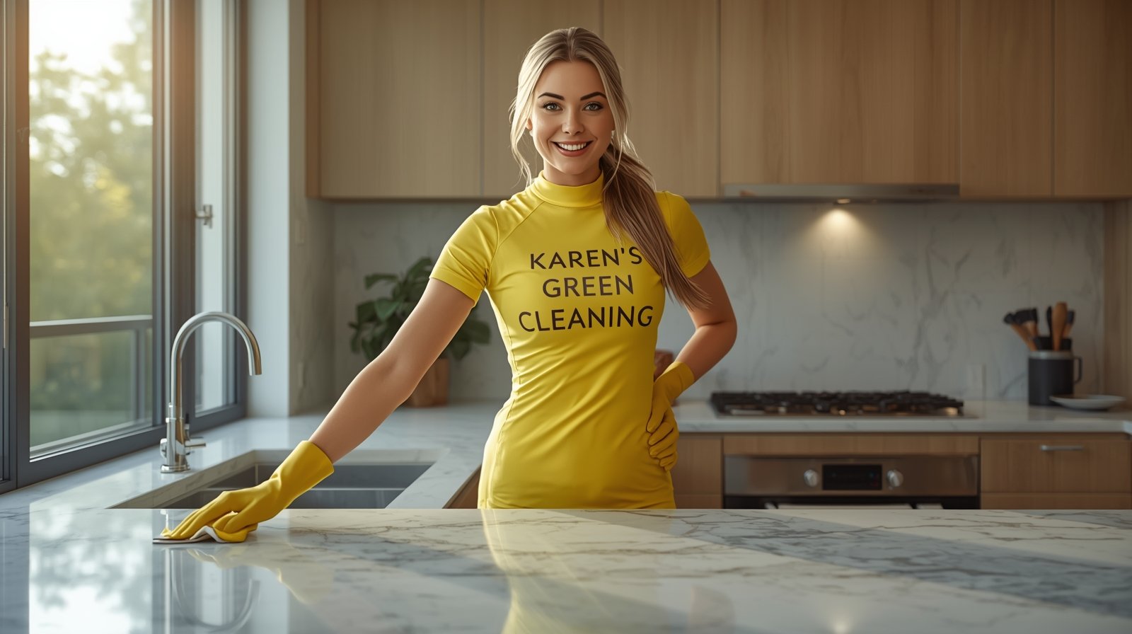 Young Scandinavian woman in yellow uniform cleaning kitchen in Logan Park Minneapolis apartment