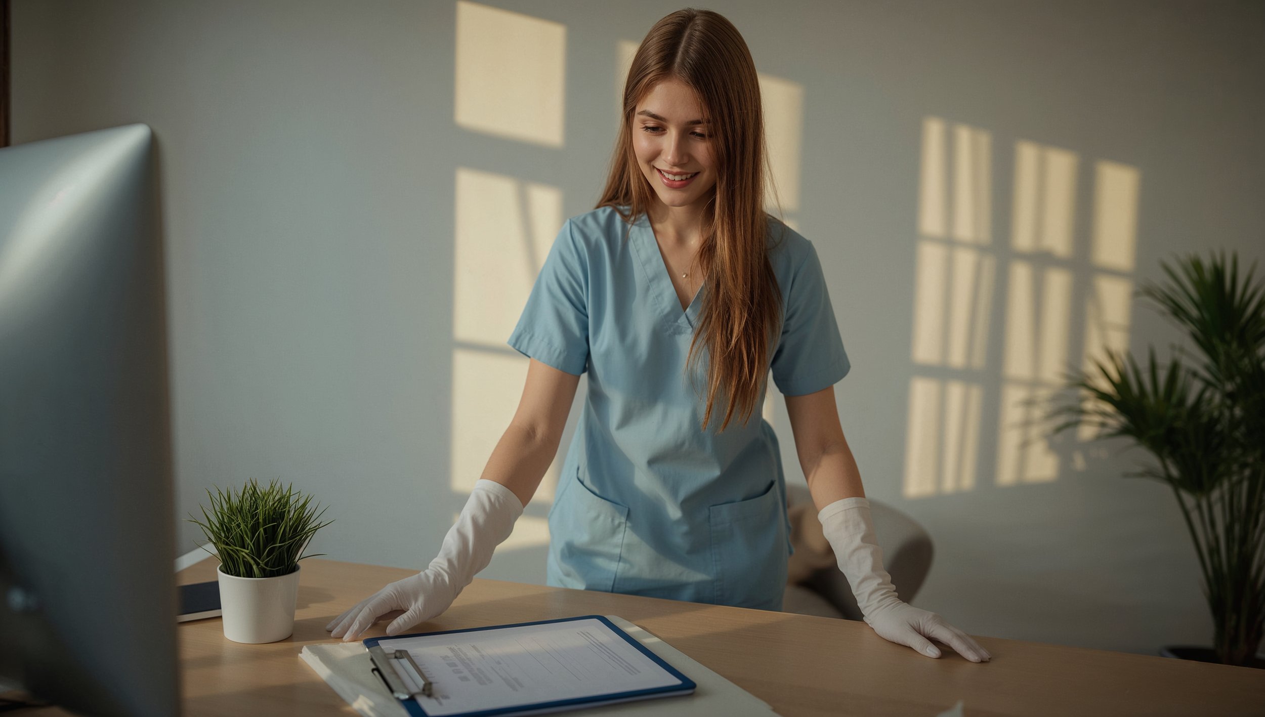 Female cleaner sanitizing a home office workstation as part of a commercial cleaning checklist.