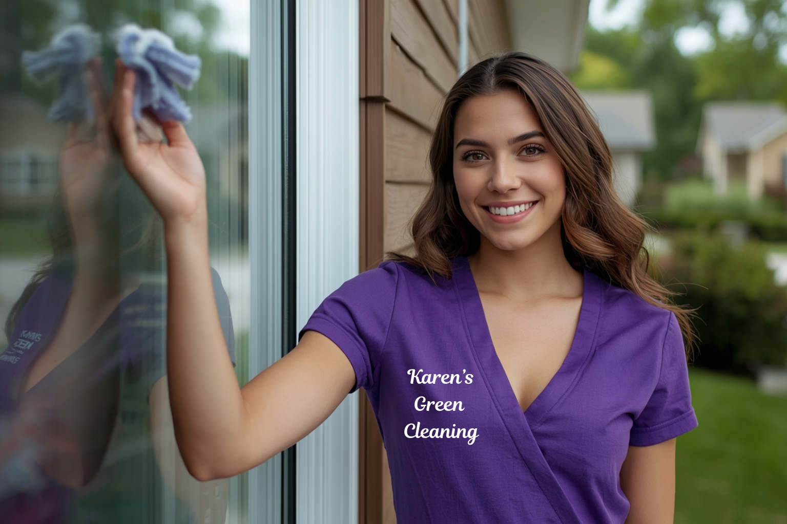 Brunette cleaner in Karen’s Green Cleaning purple uniform cleaning a window in an Otsego neighborhood.