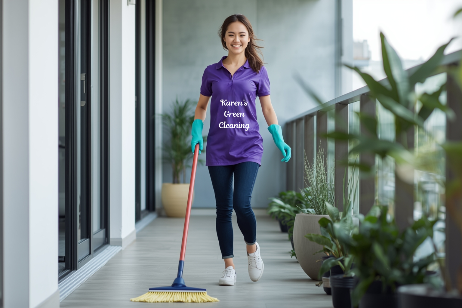 Karen’s Green Cleaning professional sweeping a balcony floor with a cheerful smile.
