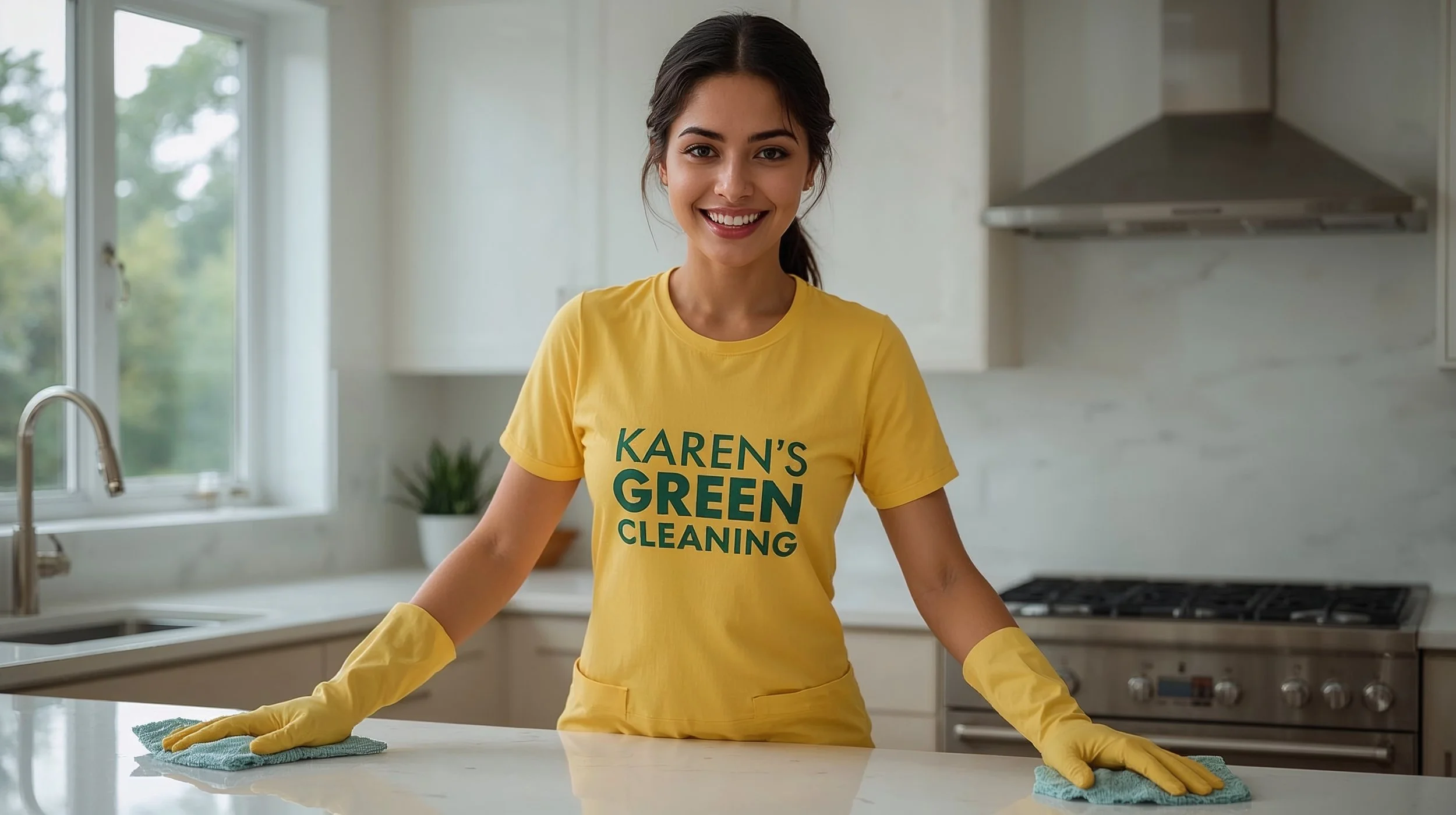Colombian cleaner joyfully sanitizing a Union Park St. Paul kitchen