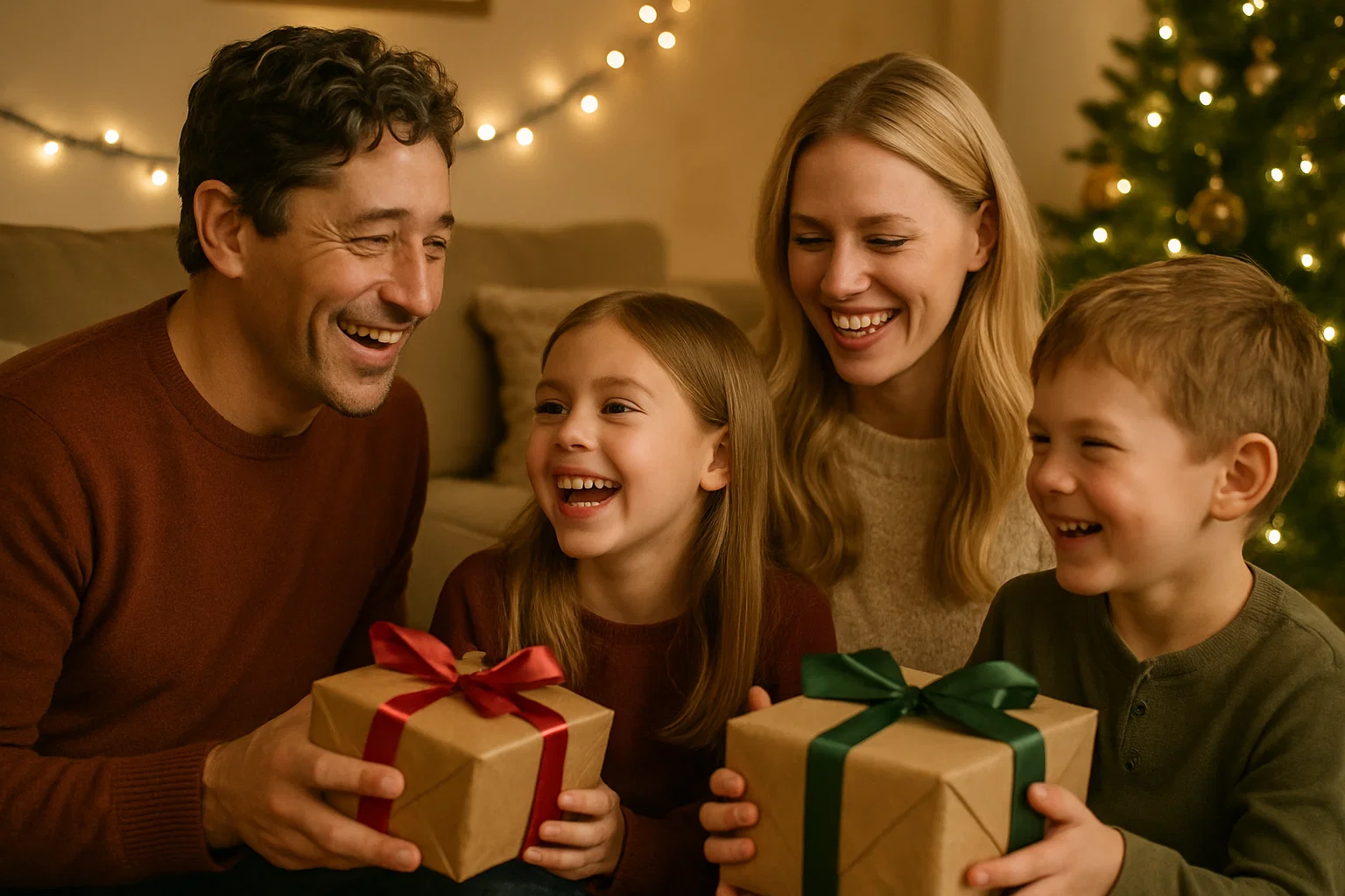 Happy family photo of Jacob Frey, wife Sarah Clarke, and their children celebrating the holidays at home.