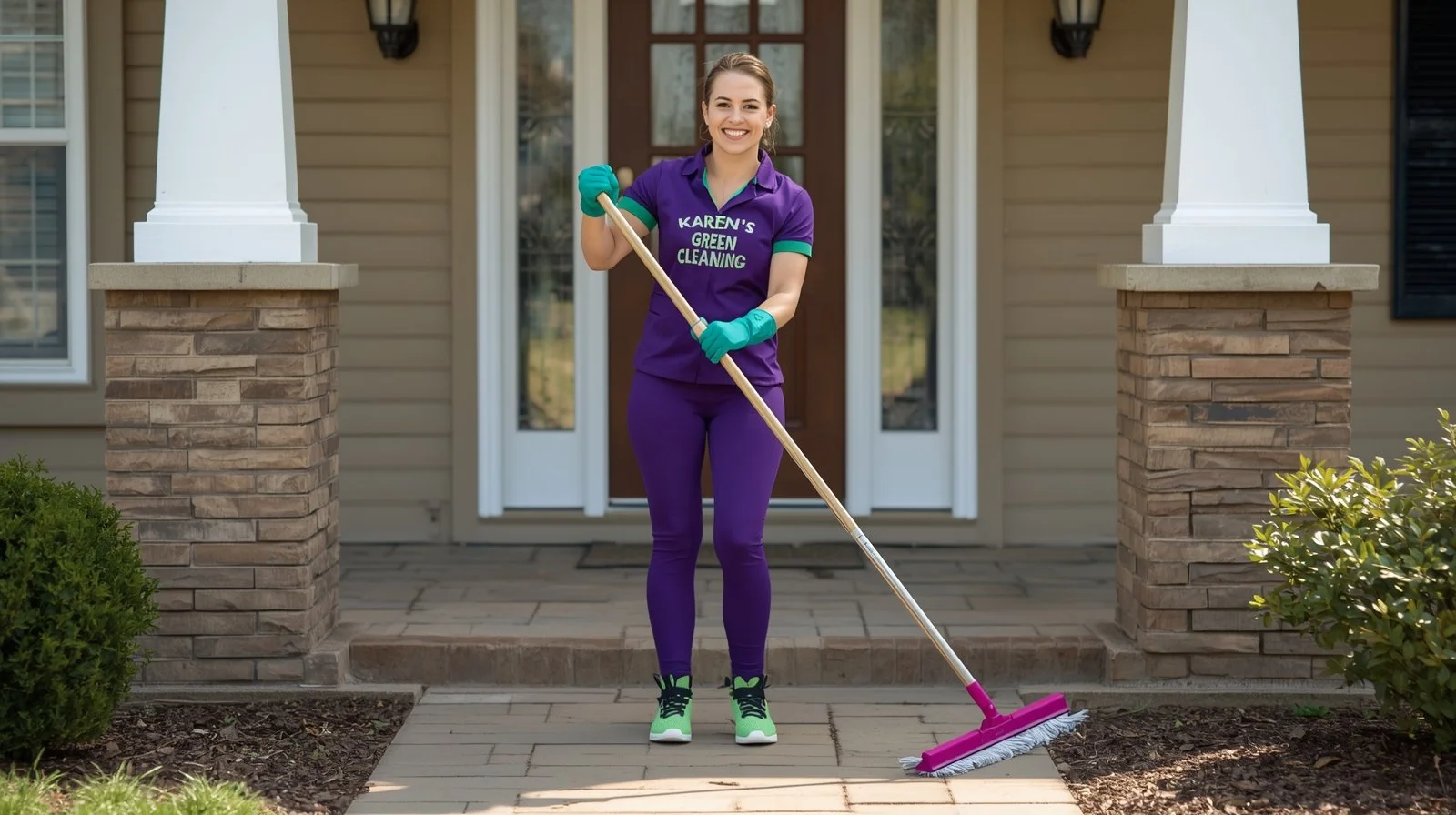 Karen’s Green Cleaning professional sweeping a clean stone walkway.
