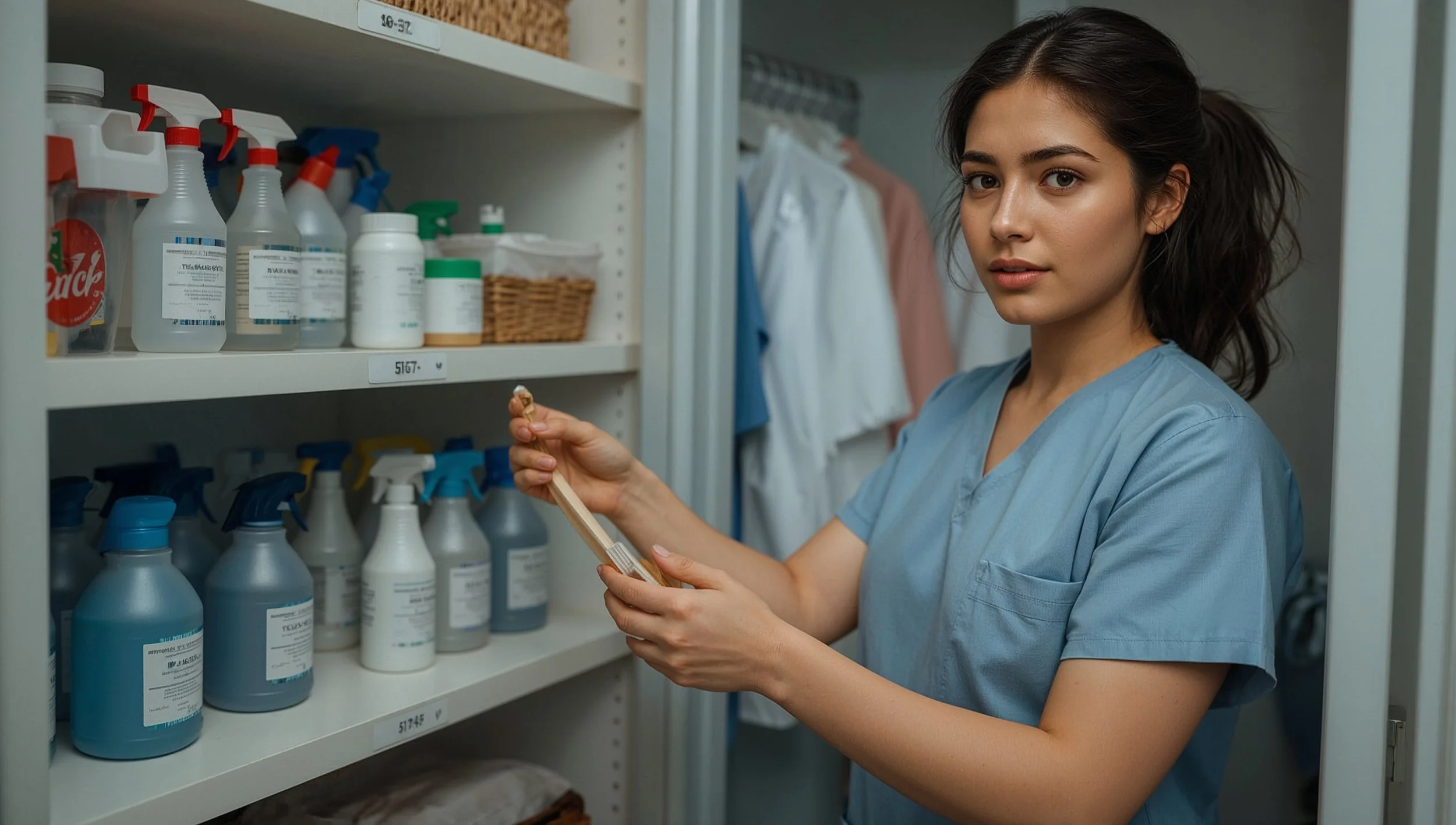 Cleaner organizing supplies in a home staged as a commercial janitorial closet.