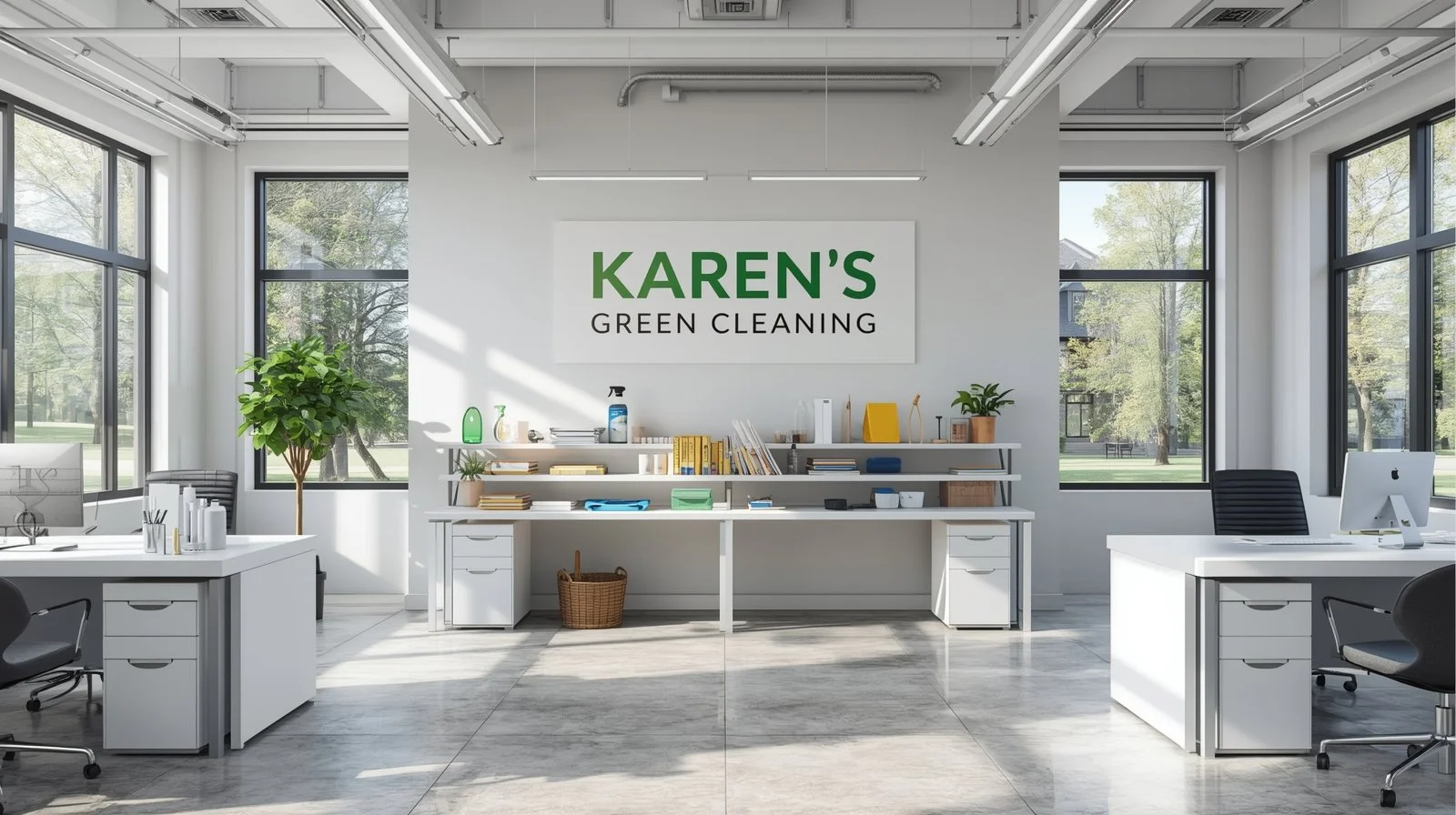 Spotless Linden Hills office with Karen’s Green Cleaning sign and natural products