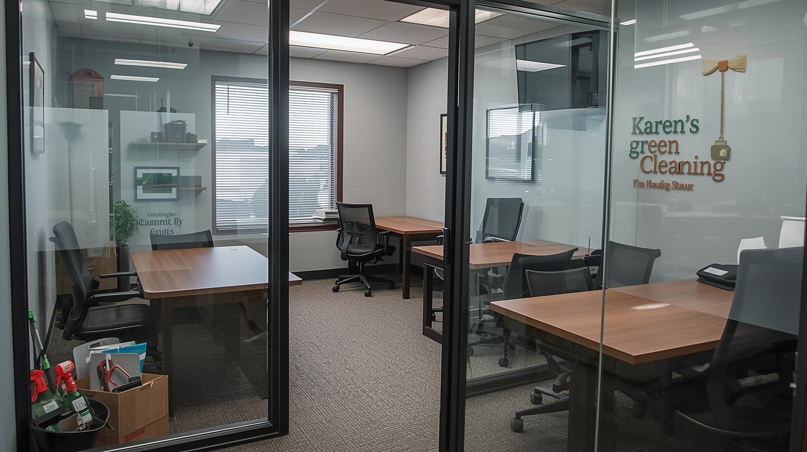 A modern small commercial office in Isanti, Minnesota, spotless and professionally cleaned, green cleaning equipment in background.