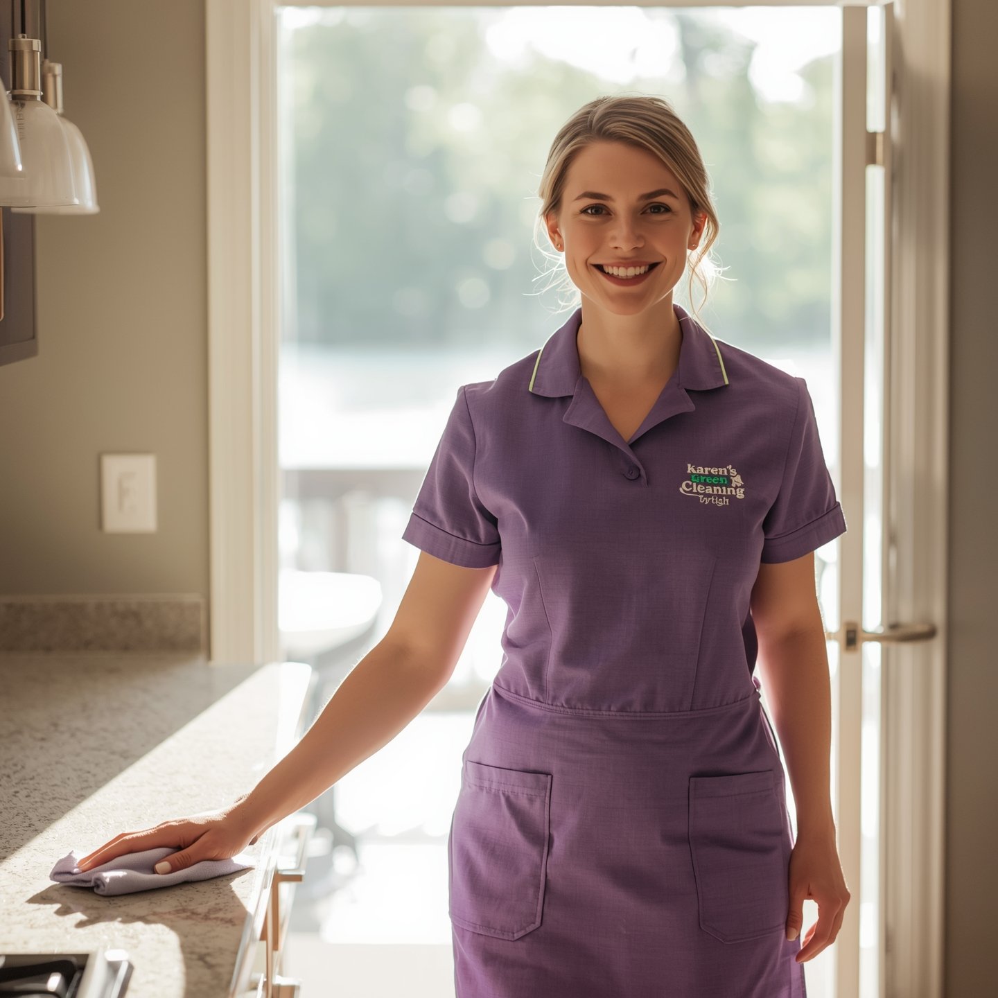 Karen’s Green Cleaning maid cleaning and polishing an entryway in Waconia, Minnesota.