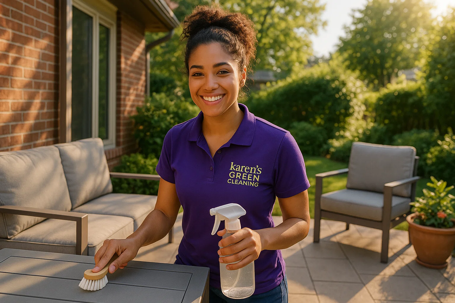 Cleaner in purple Karen’s Green Cleaning uniform cleaning an outdoor patio in Woodbury, Minnesota.