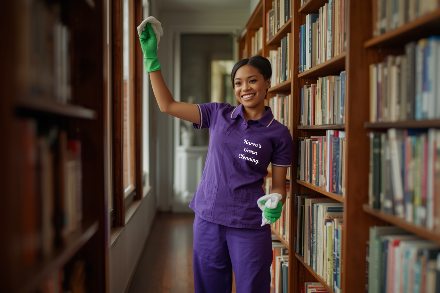Karen’s Green Cleaning professional dusting bookshelves in a home library.