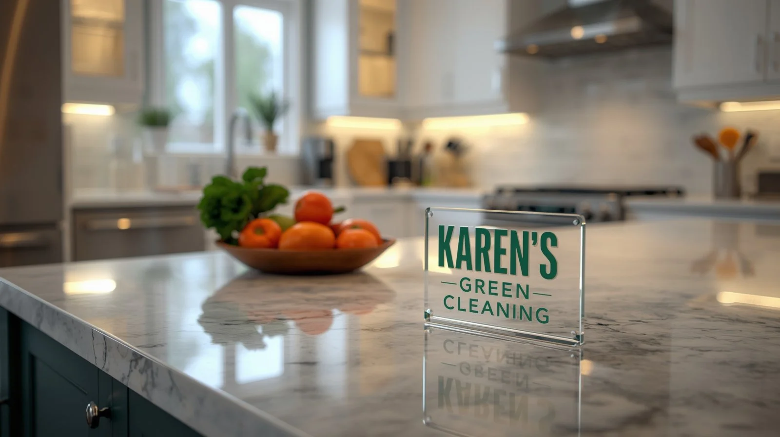 Spotless kitchen interior featuring Karen’s Green Cleaning logo and tools in Longfellow Minneapolis