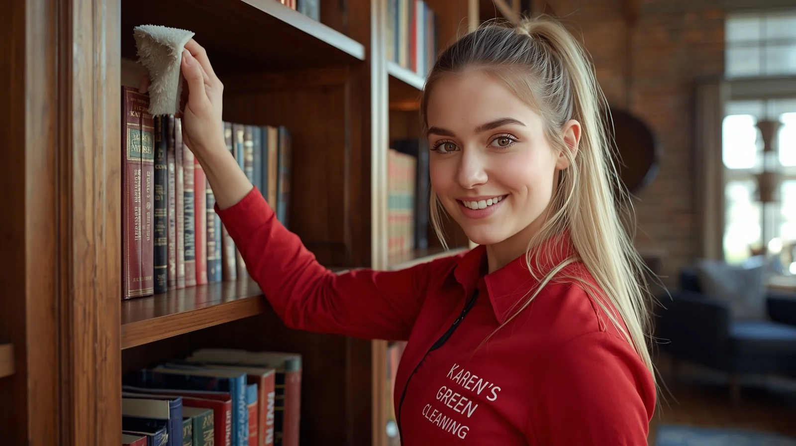 Smiling Norwegian cleaner in red Karen’s Green Cleaning uniform dusting bookshelves in restored downtown St. Paul loft