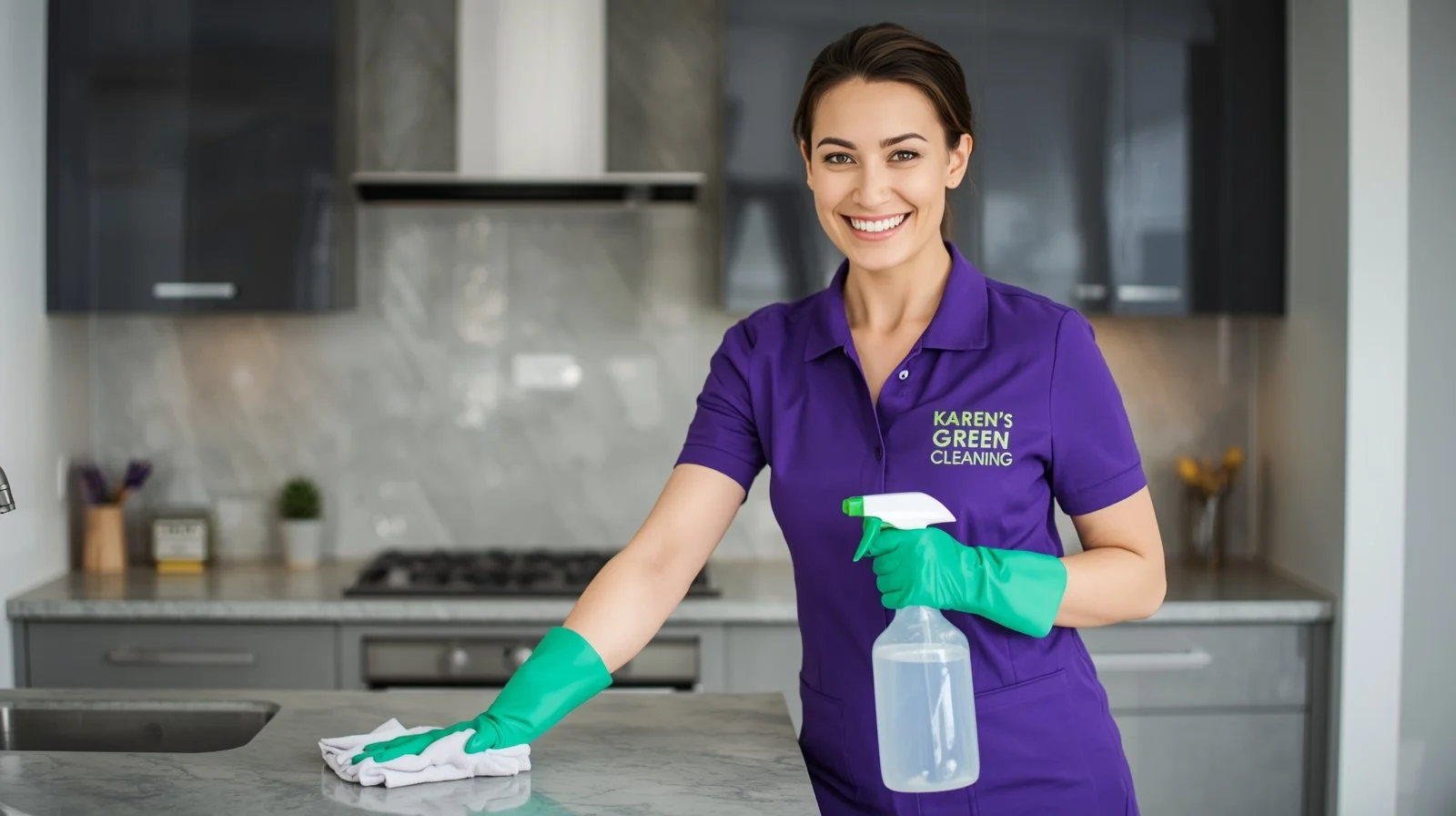 Karen’s Green Cleaning professional cleaning a kitchen counter with a spray bottle.